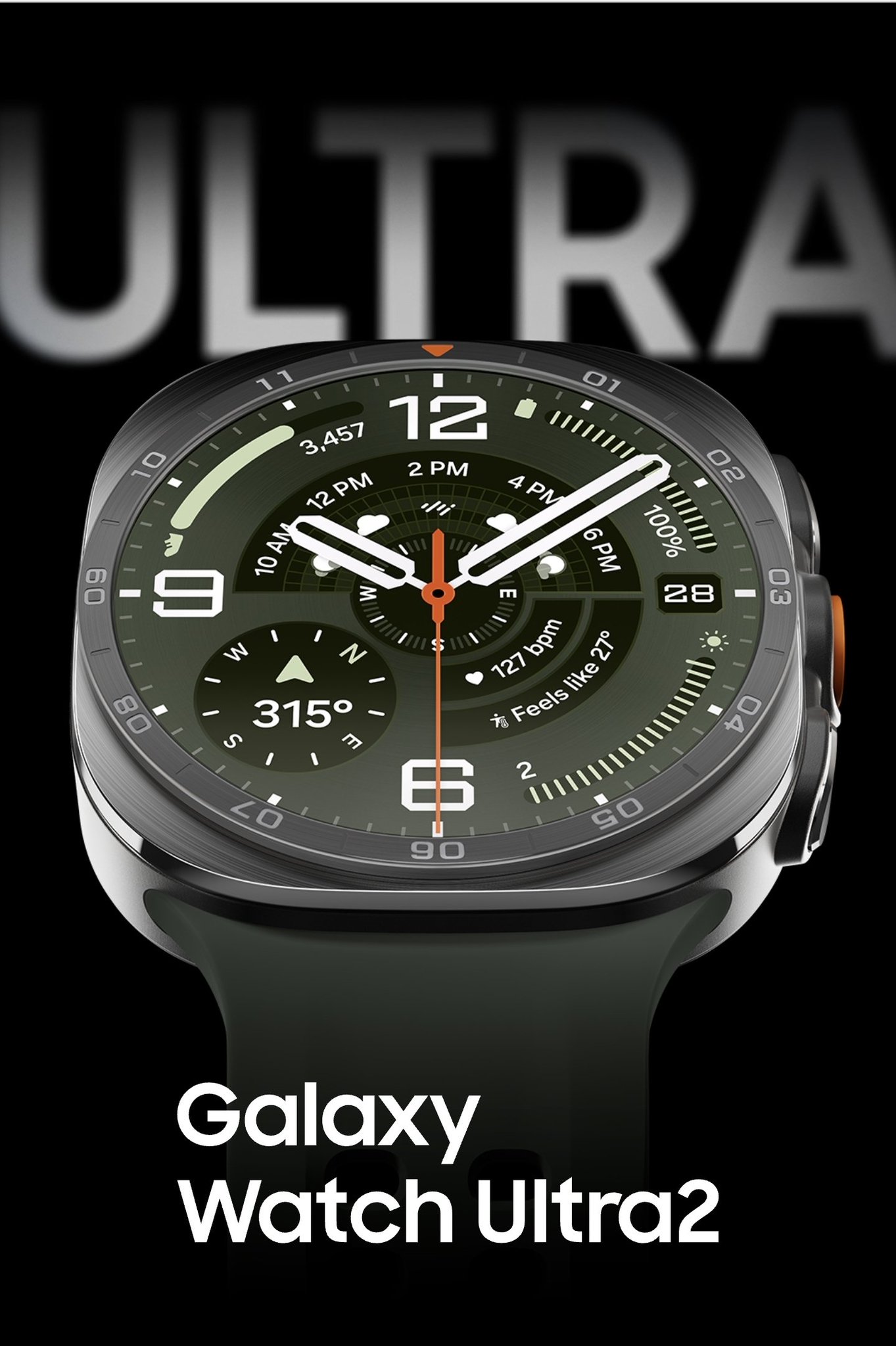A hero shot of the Galaxy Watch Ultra2 with the word Ultra in the background.