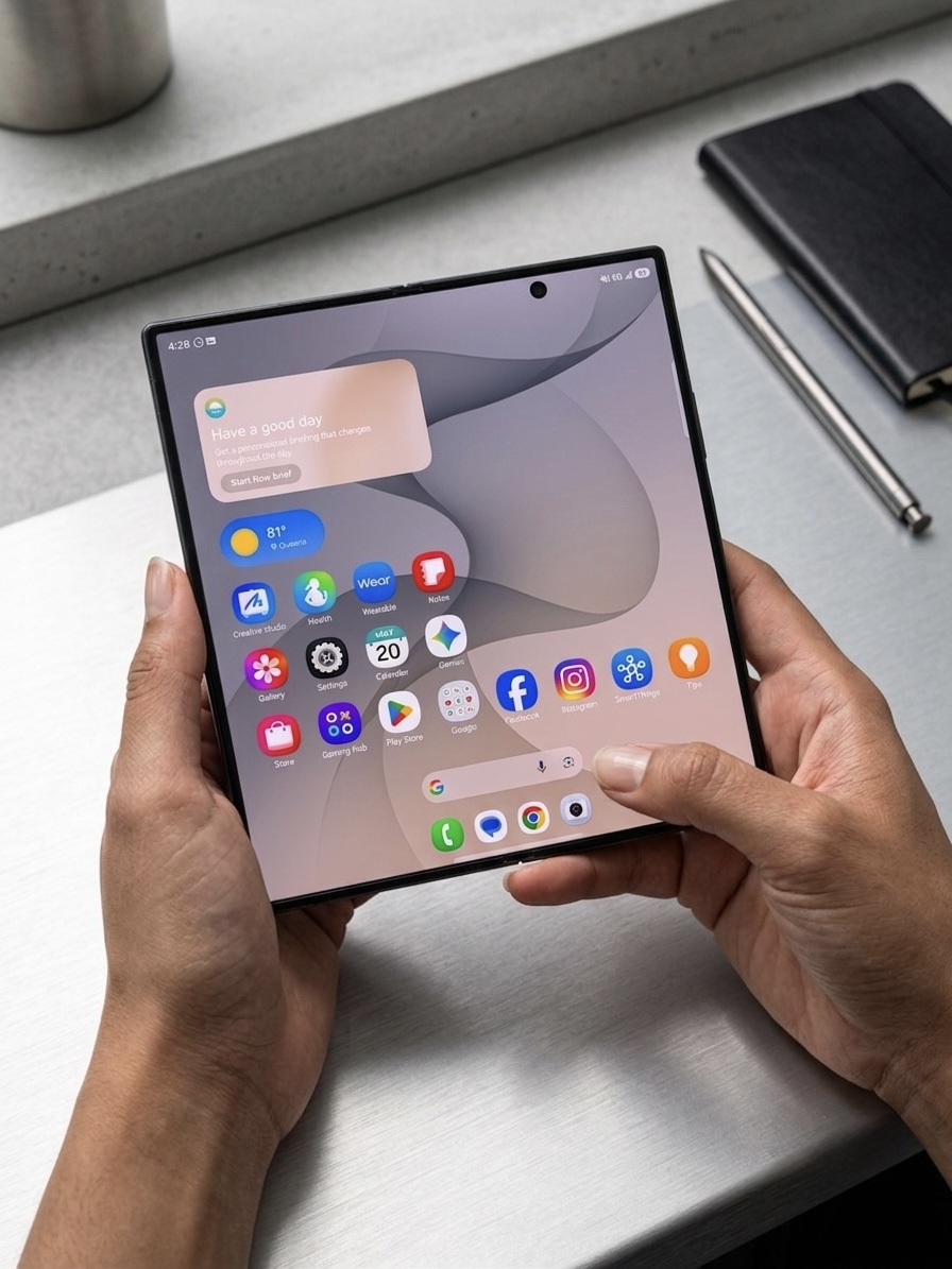 A hand holding a Galaxy phone outdoors with the Gemini app icon visible on the home screen.