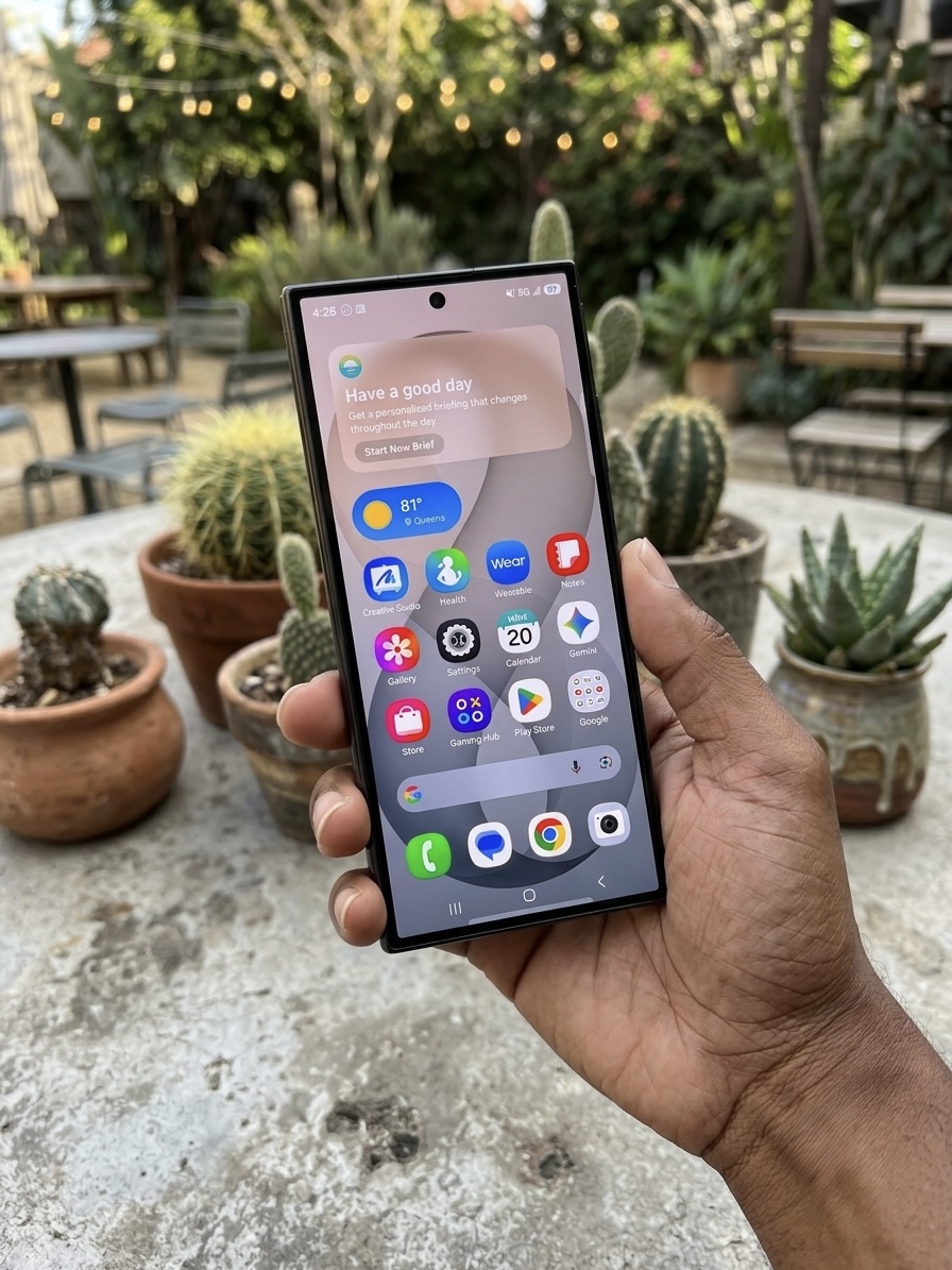 A Galaxy phone home screen shown outdoors in a garden setting.