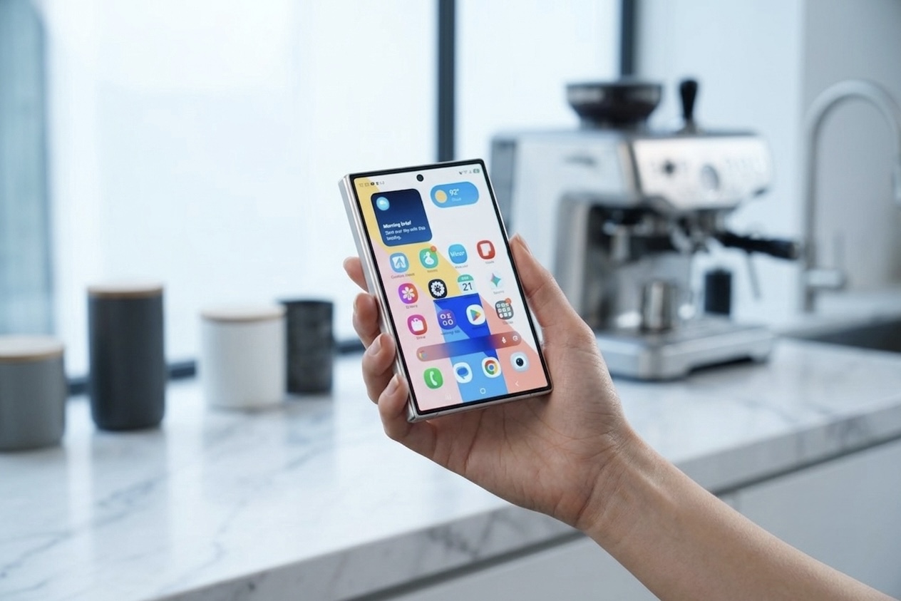 The same wide Z Fold8 from a different angle, showing the home screen.