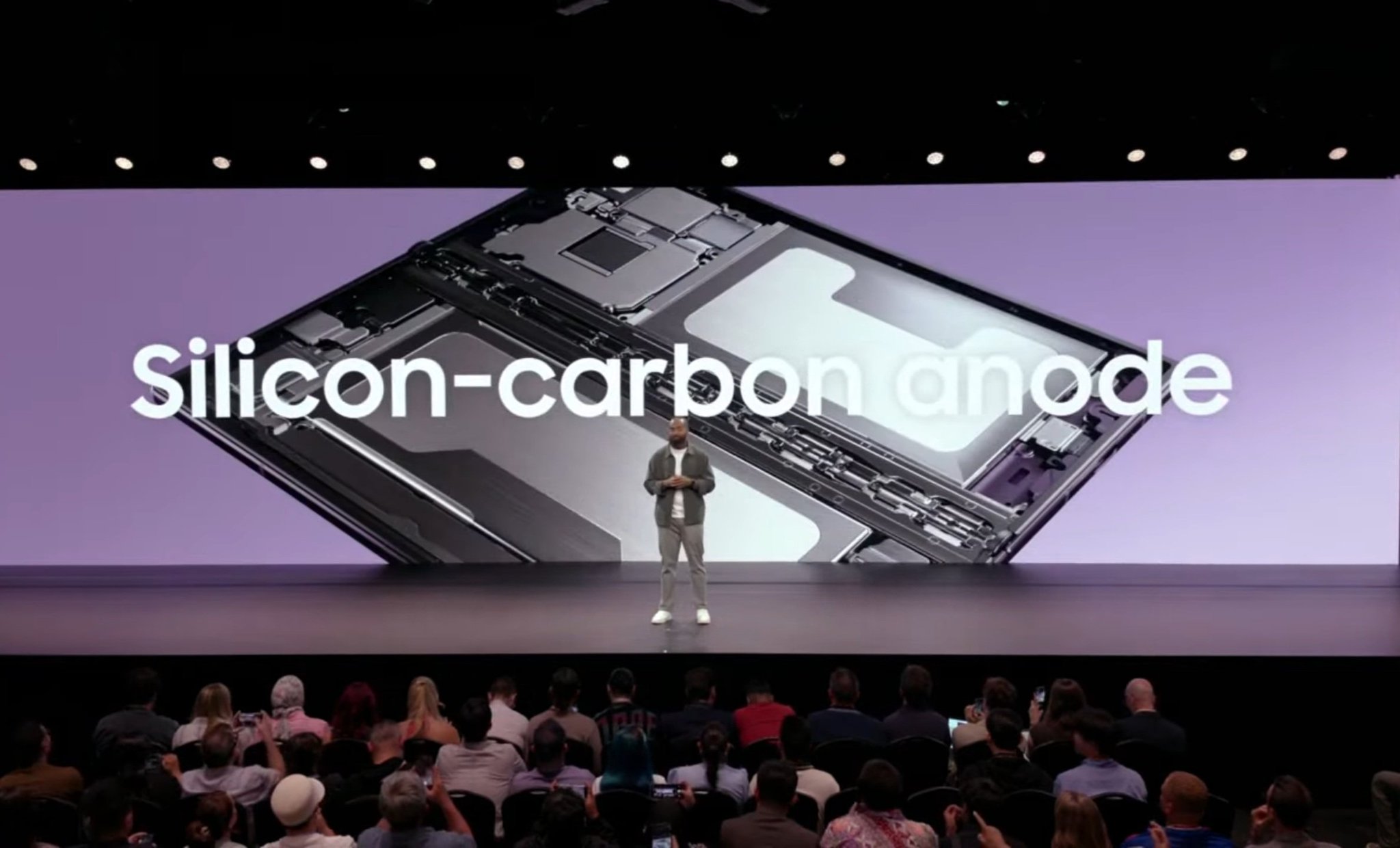 A keynote slide reading Silicon-carbon anode, Samsung's new battery technology for the Z Fold8 Ultra.