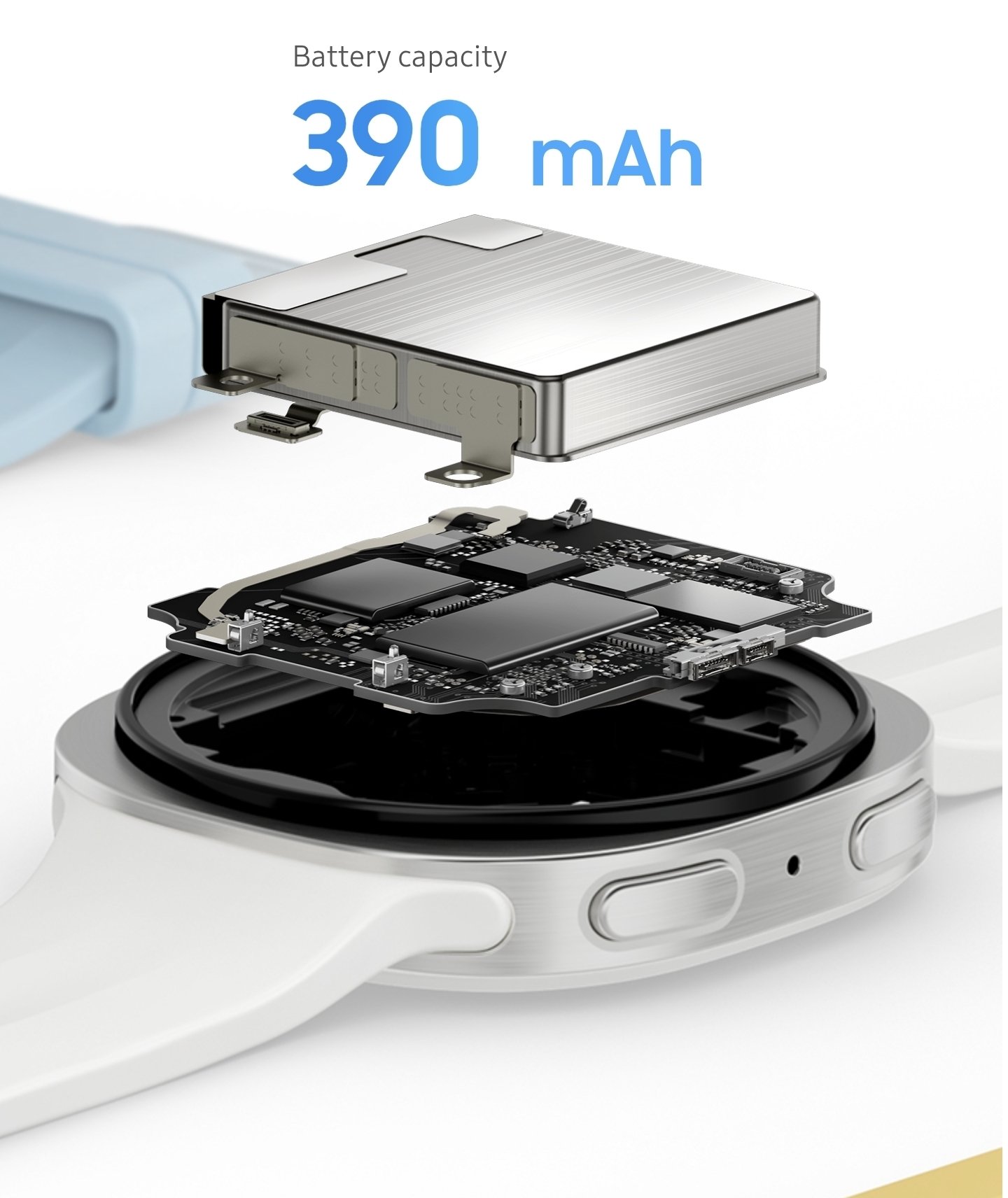 An exploded view of the Galaxy Watch9 internals, showing its 390 mAh battery.