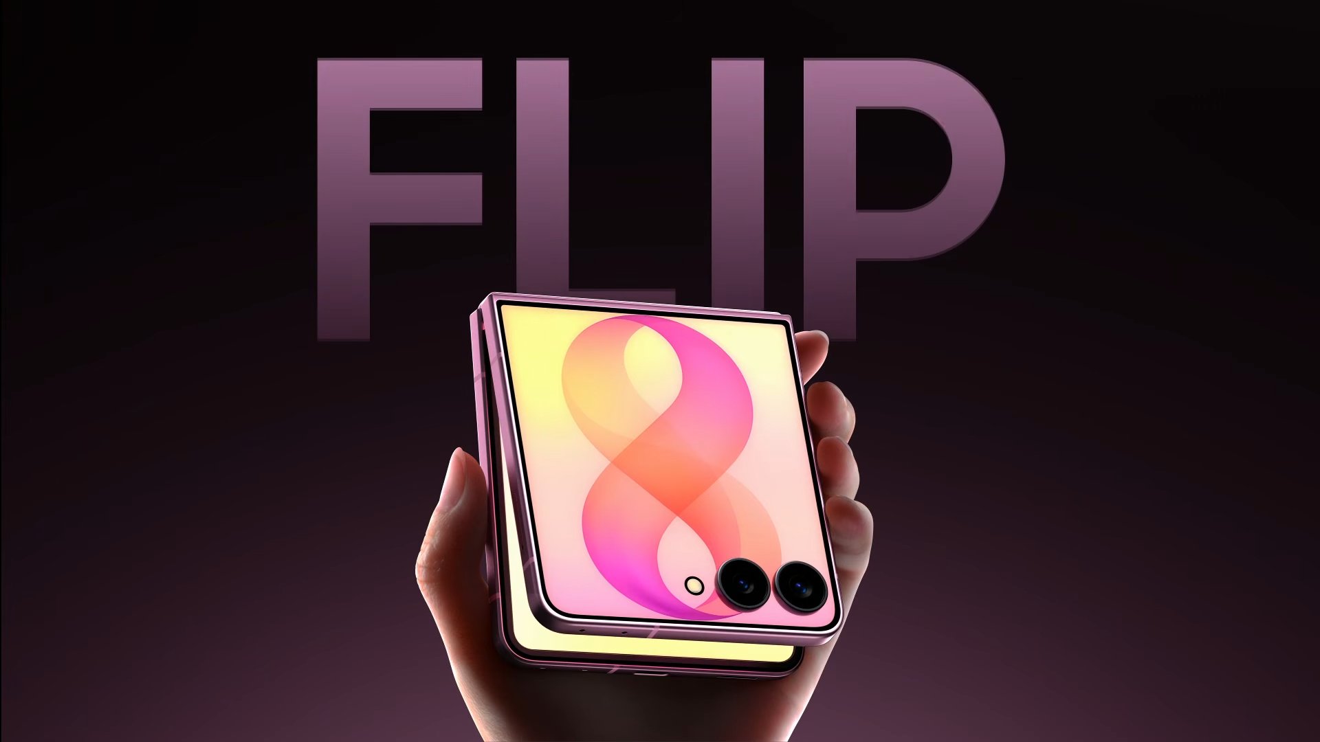 The word FLIP over a Galaxy Z Flip8 held in one hand, cover screen lit up.