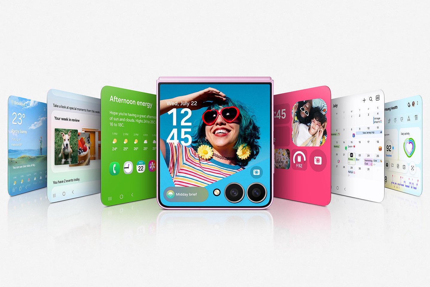 The Z Flip8 cover screen cycling through colorful Now Brief widget cards.