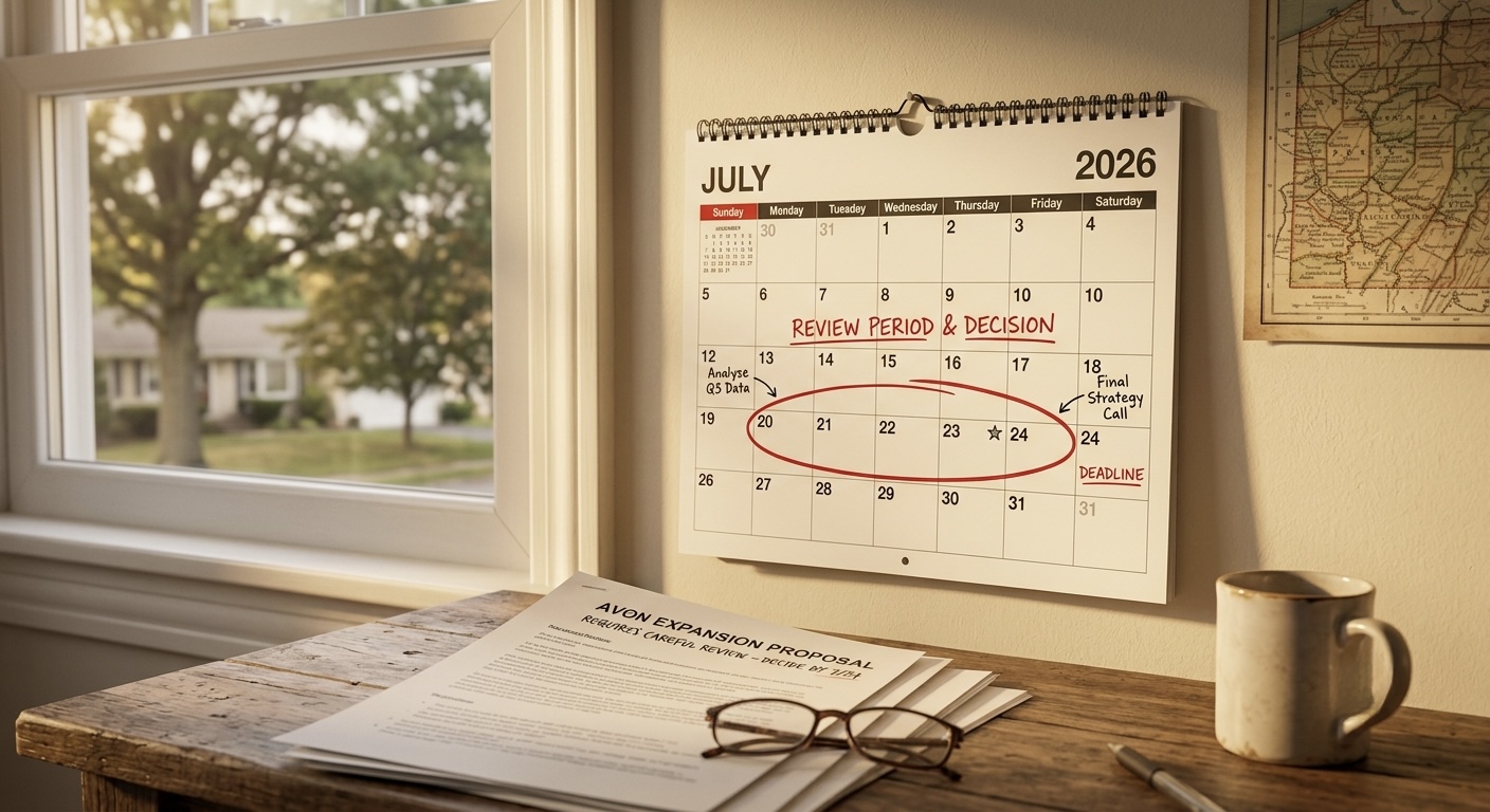 A realistic photo of a calendar with a review period circled, next to a document, conveying taking time to decide, warm light.