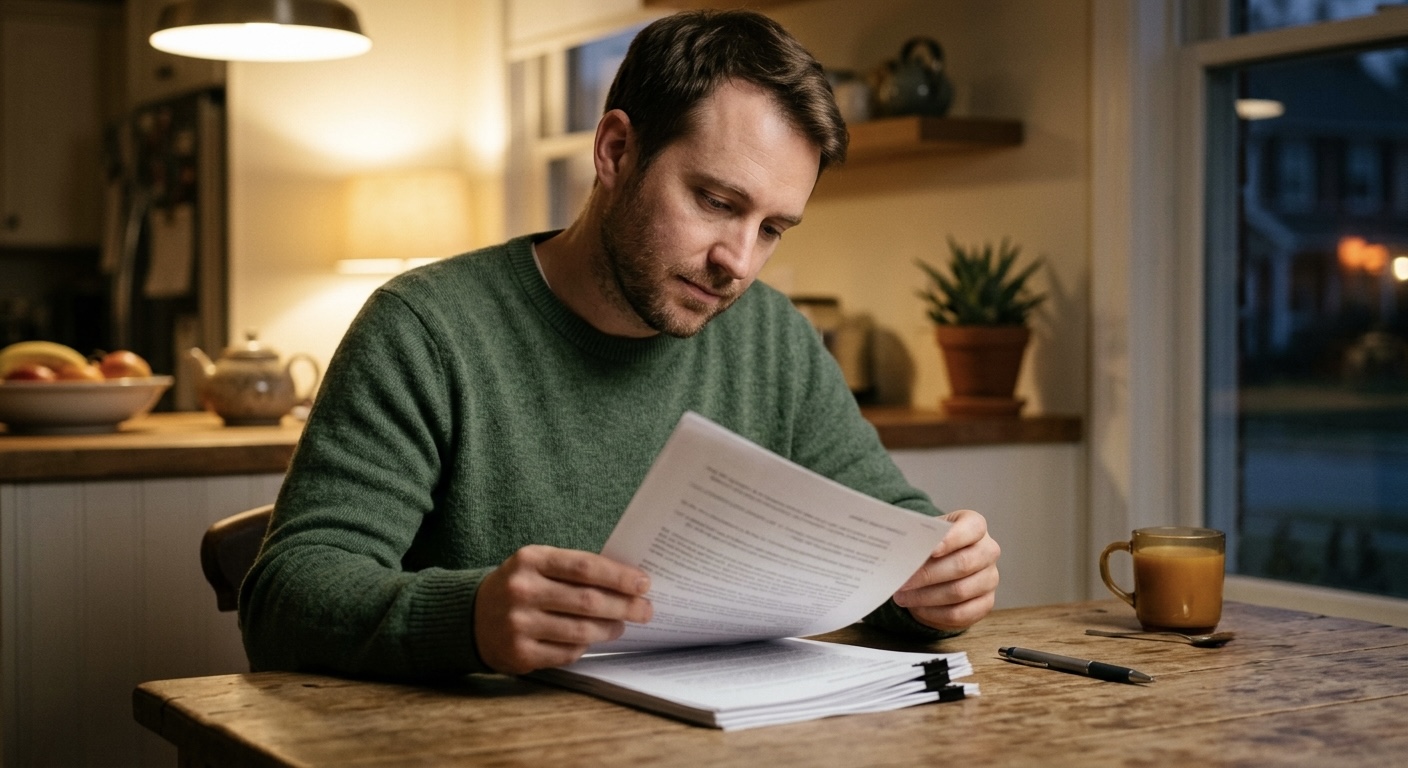 A person reading a multi-page document at a kitchen table with a pen set down beside it, calm and considered.