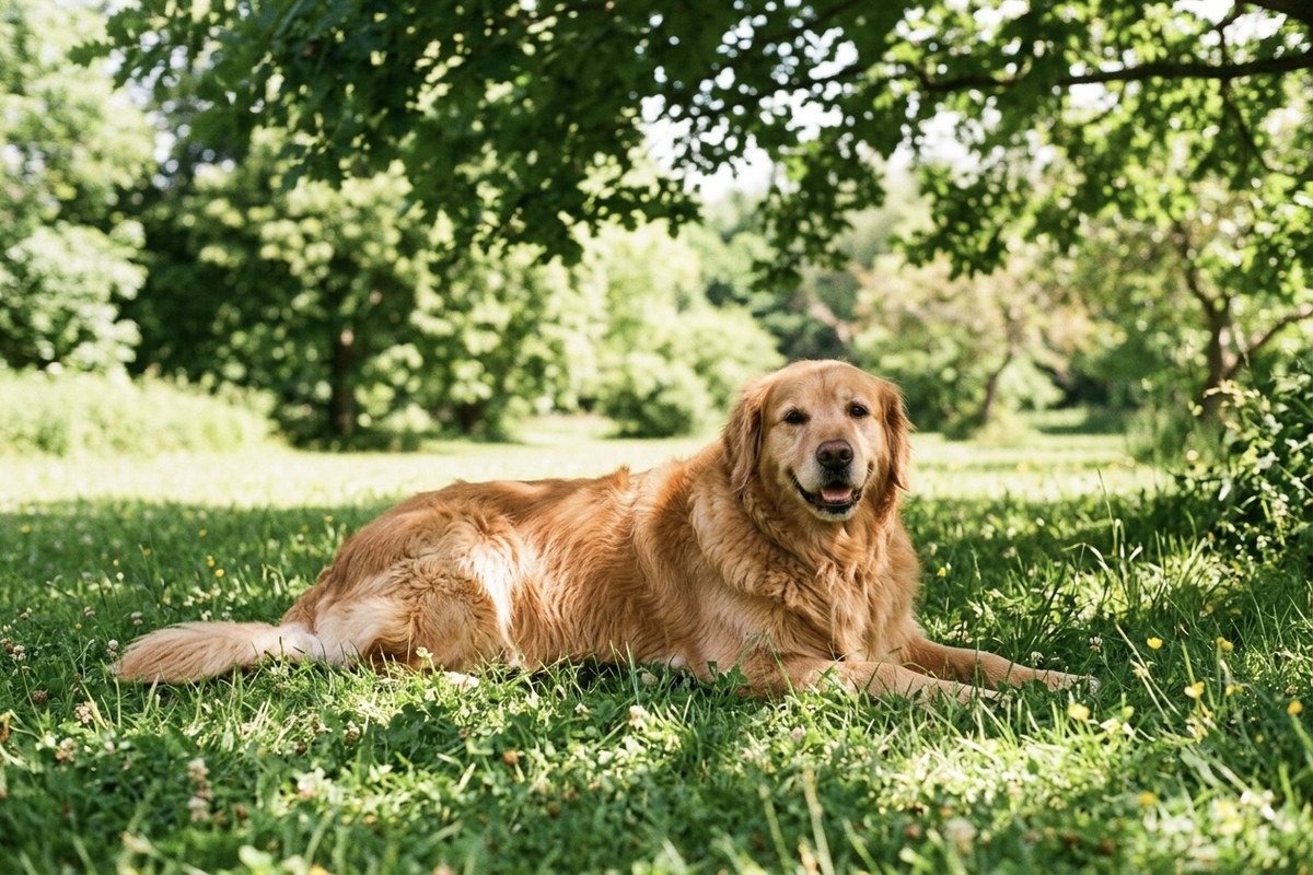 A fluffy double-coated dog resting in the shade of a tree on a bright summer day.