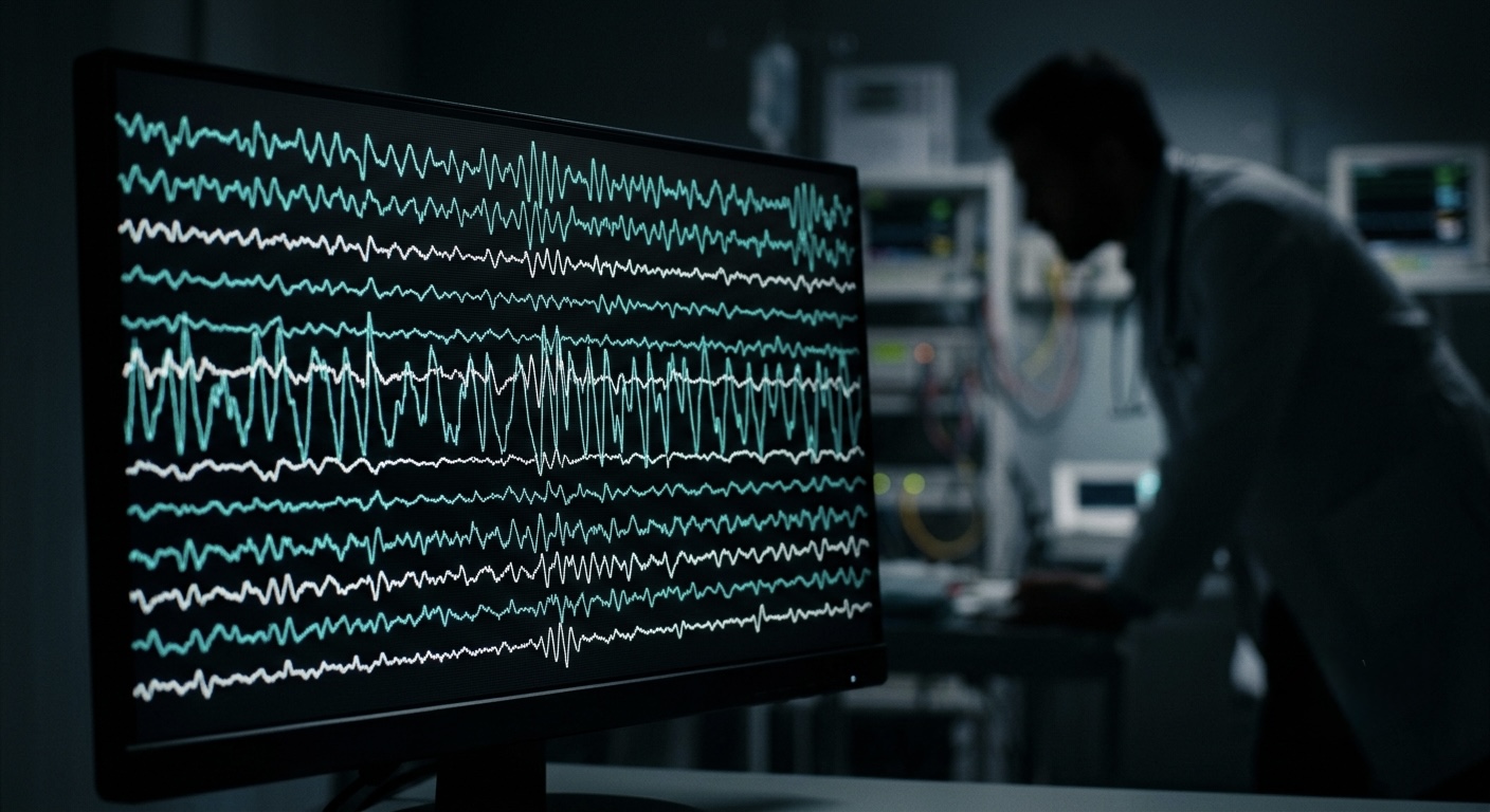 A monitor displaying wavy EEG brainwave lines in a dim room, a clinician's silhouette blurred in the background.