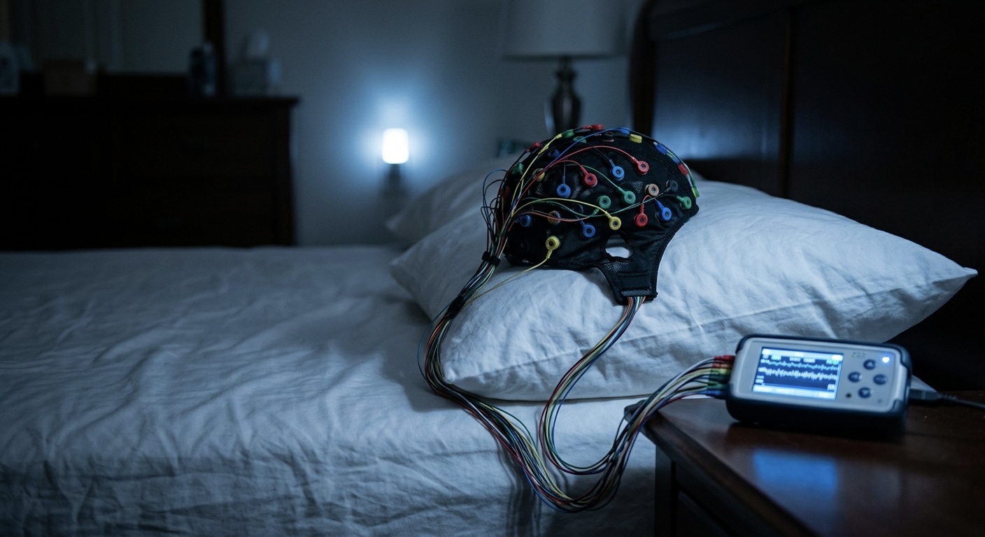 A sleep EEG electrode cap resting on a pillow in a dim bedroom, wires leading to a small monitoring unit on the nightstand.