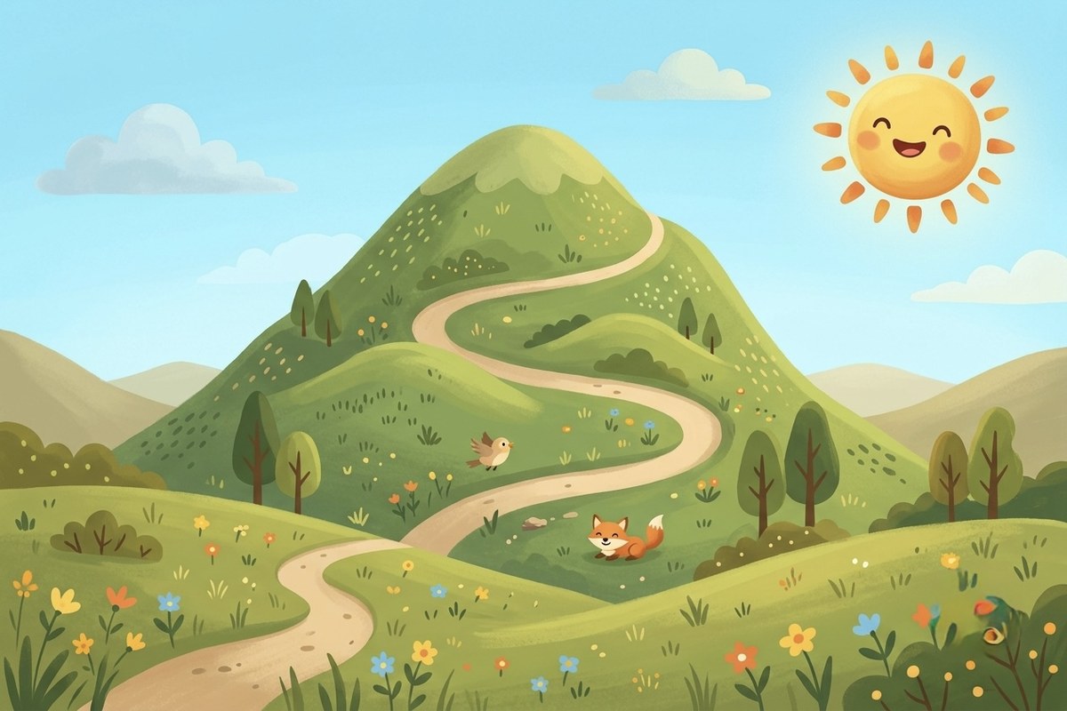The Solecito app on an iPad showing a friendly illustrated mountain to climb, with a smiling sun.