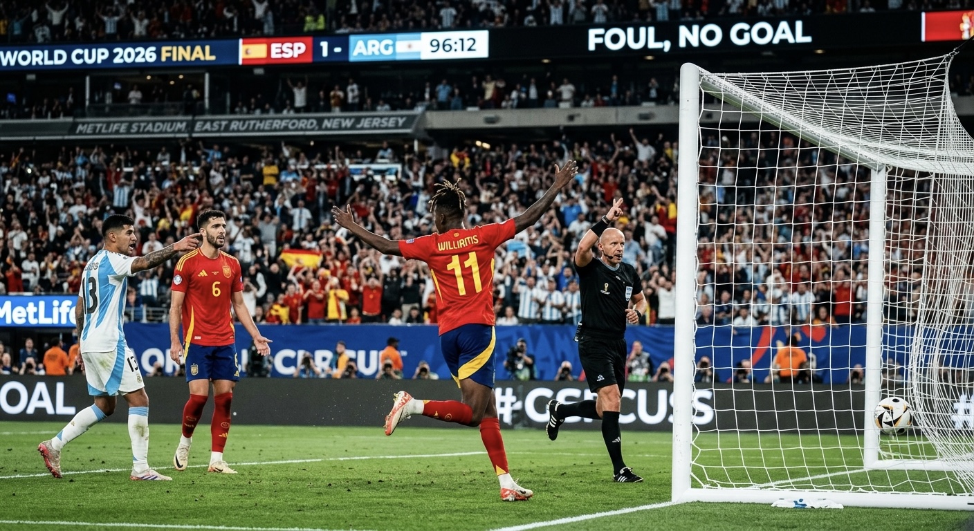Nico Williams scoring in the 96th minute, referee gesturing no goal, controversial disallowed call.