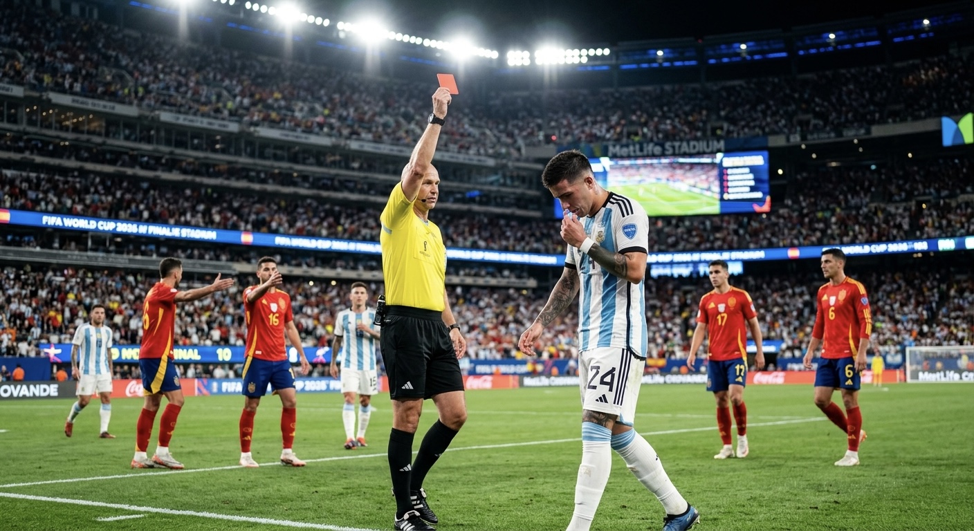 Referee showing Enzo Fernández a red card in the 90th minute, Fernández walking off.