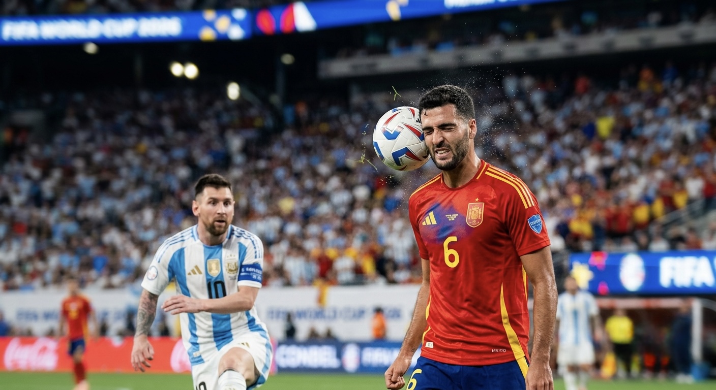 Mikel Merino blocking a Lionel Messi shot with his forehead, ball visible, 115th minute.