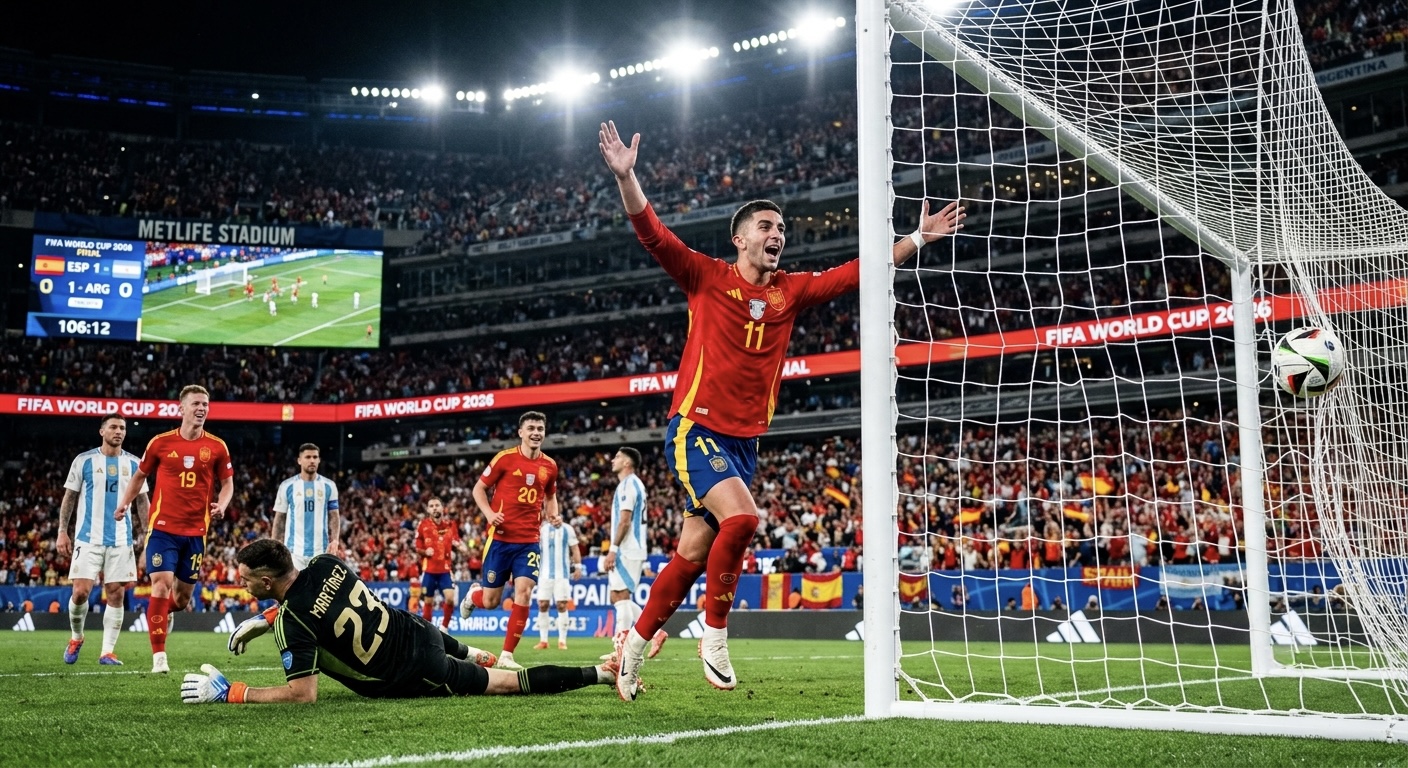 Ferran Torres scoring the winning goal in the 106th minute, ball in the net, teammates celebrating.