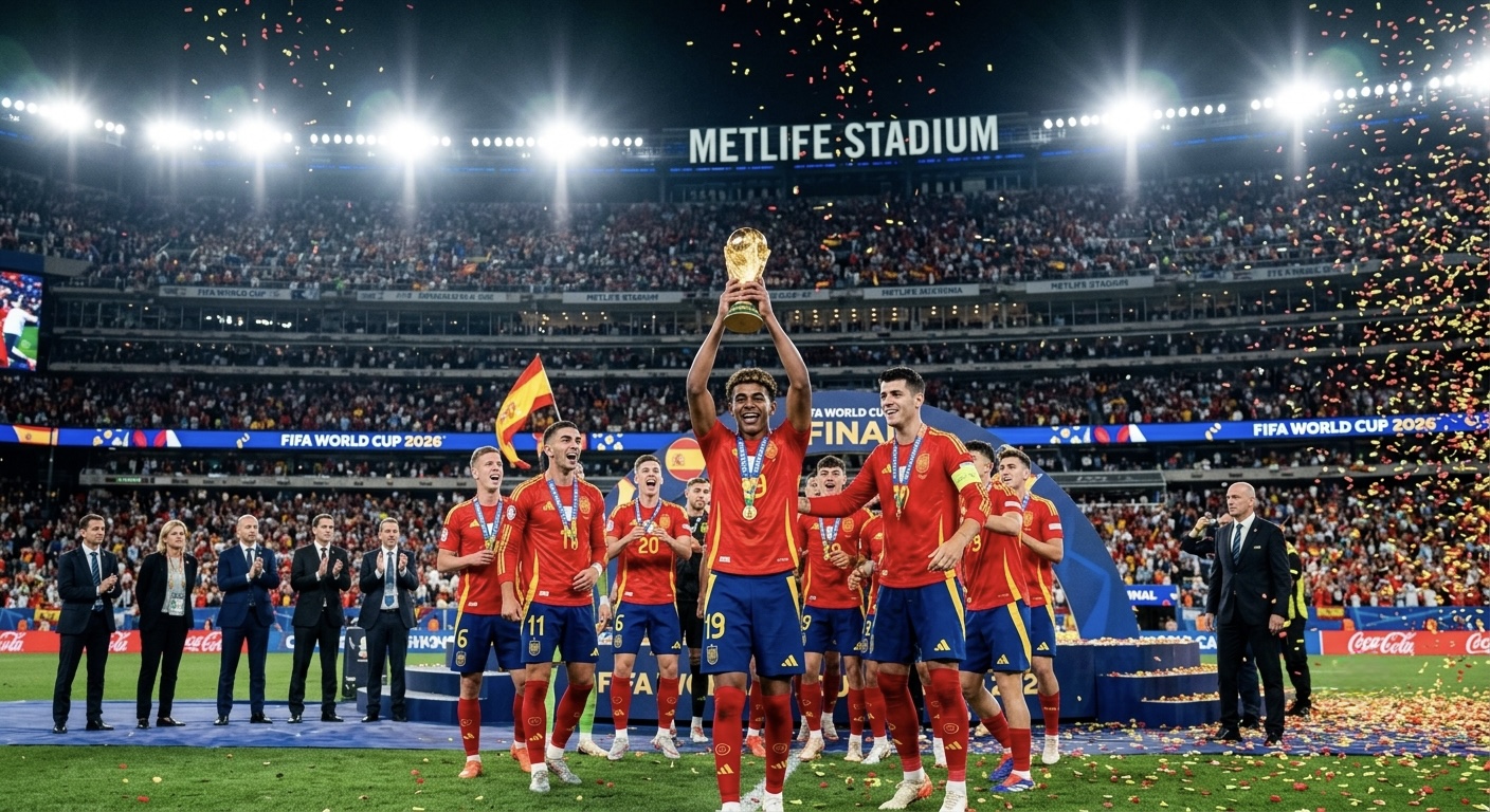 MetLife Stadium during the 2026 FIFA World Cup final, Spain and Argentina players on the pitch, bright floodlights, packed crowd.