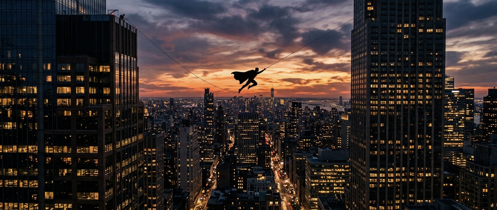 A silhouette of Spider-Man swinging between skyscrapers at dusk, city lights glowing below, in a cinematic wide shot.