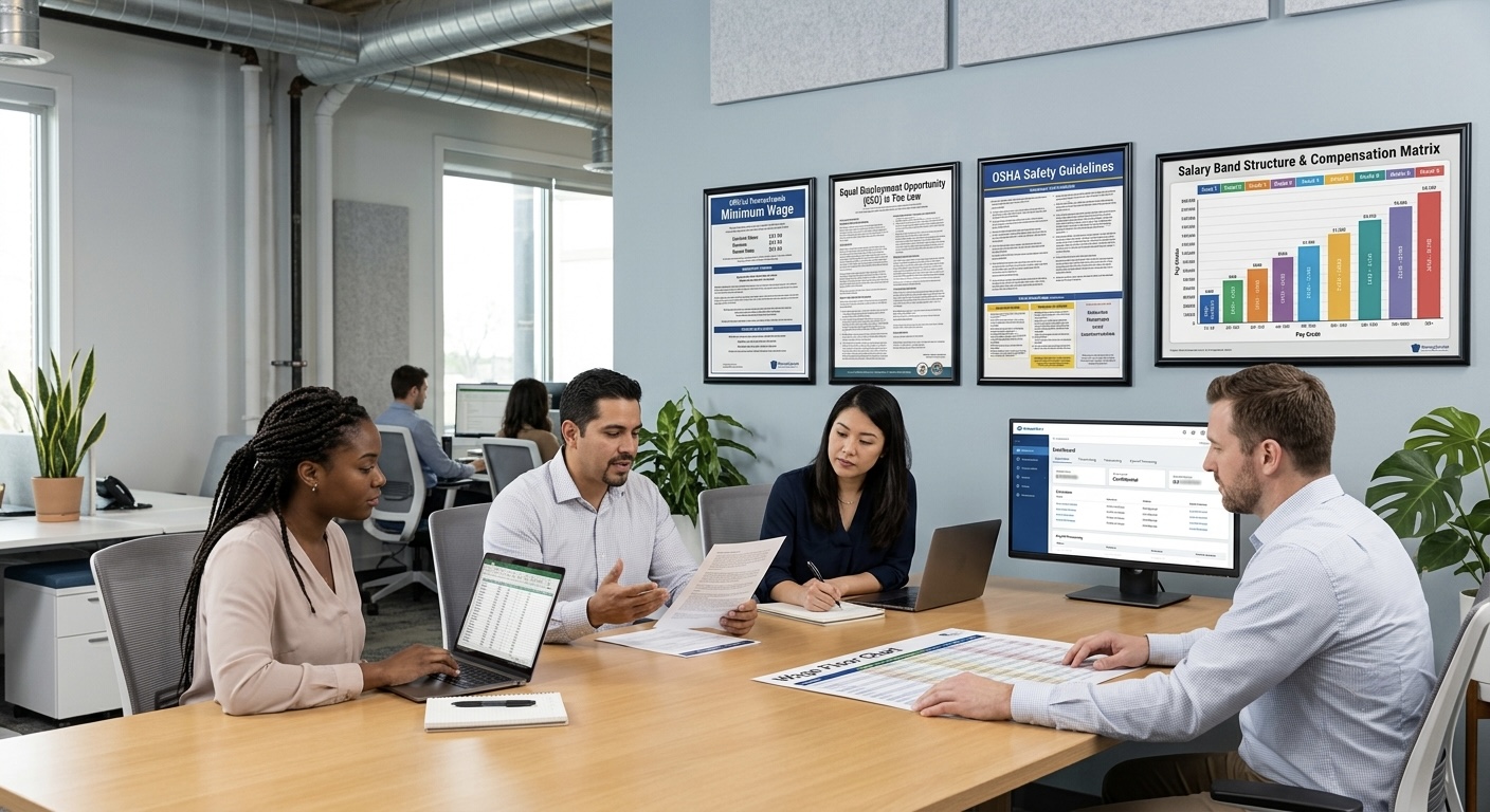 Professional HR office with compliance documents and wage floor charts, diverse team collaborating at table