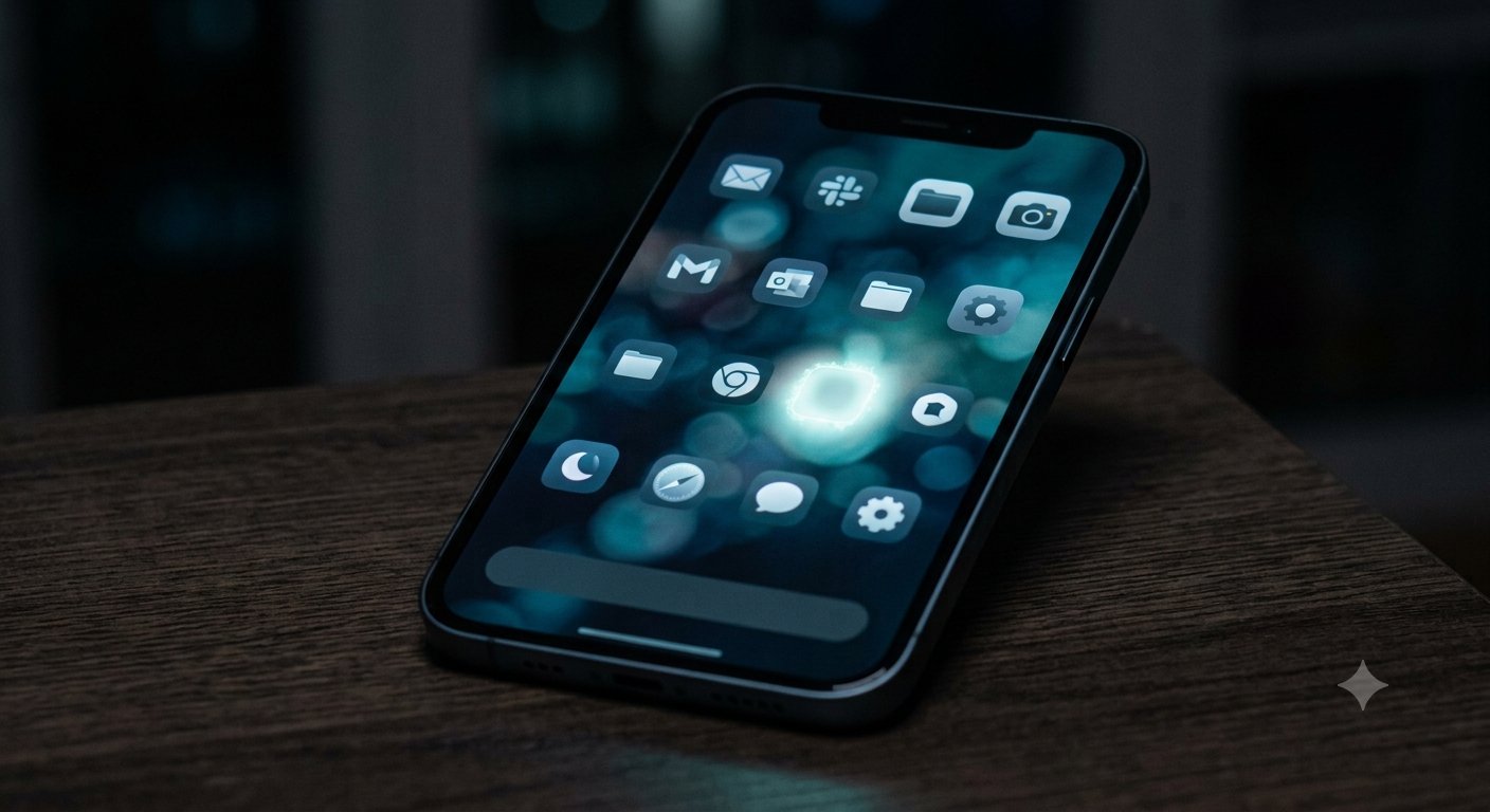 A smartphone screen showing an app grid with one app icon greyed out and missing, resting on a dark surface.