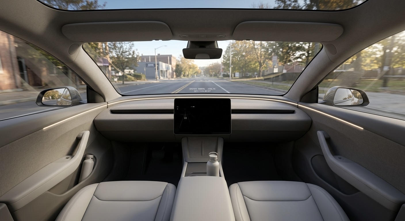 A driverless vehicle interior with a completely smooth dashboard and no steering wheel