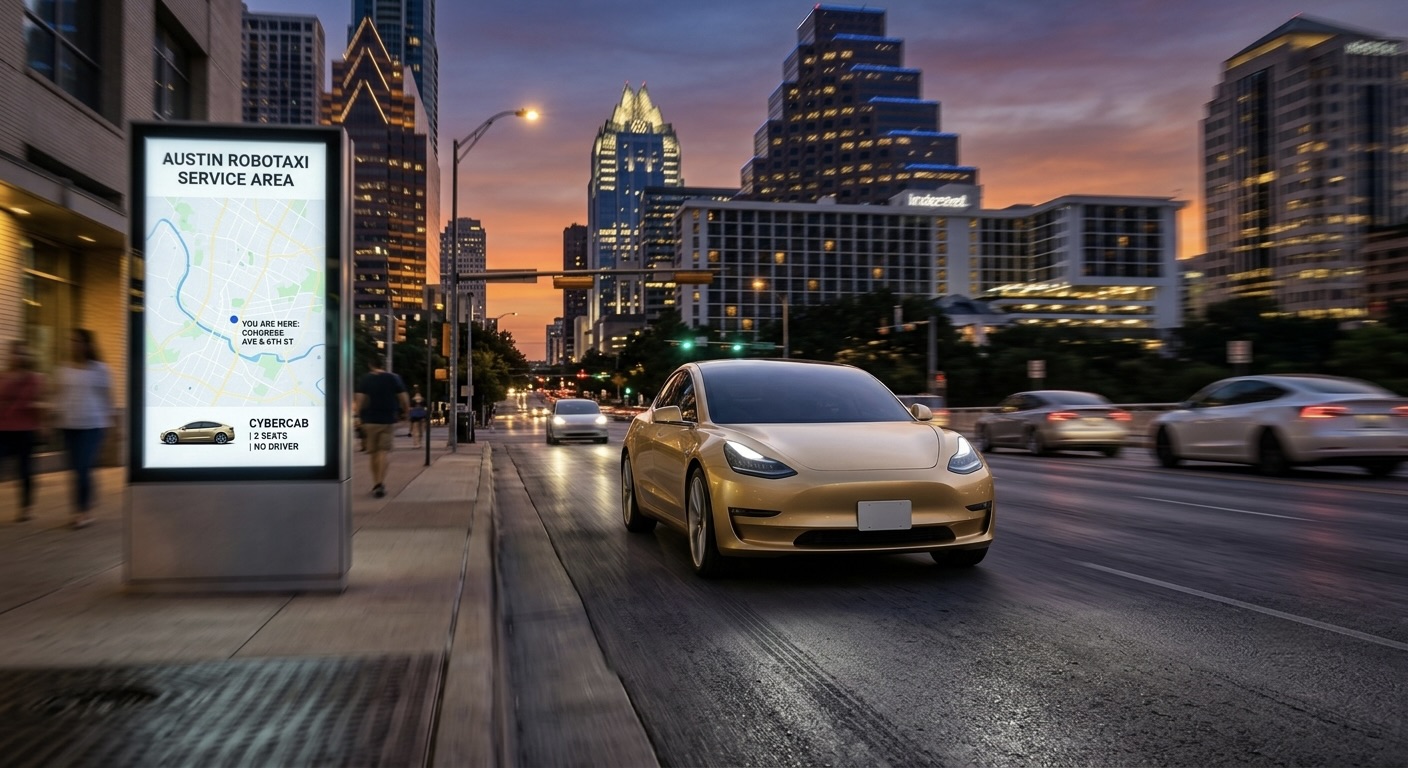 A Tesla Cybercab style autonomous vehicle driving down a city street at dusk