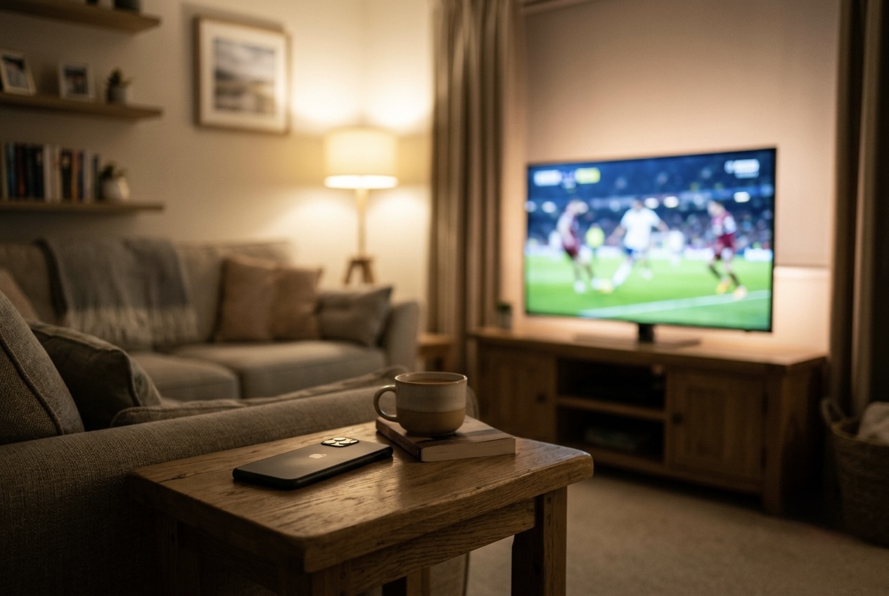 A living room television glowing with a soccer match visible, blurred, a phone lying face-down on a side table.