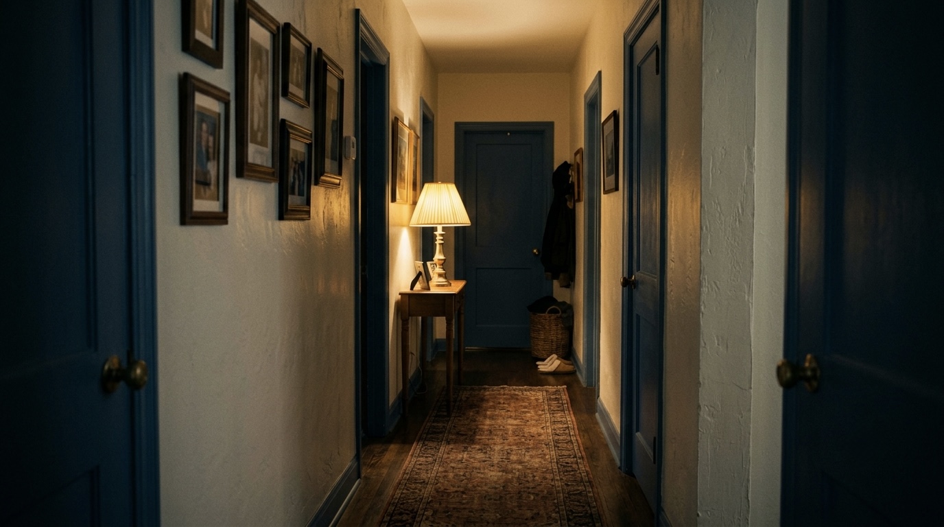 A dim, warm-lit hallway at night with a soft rectangle of lamplight spilling across a wood floor.