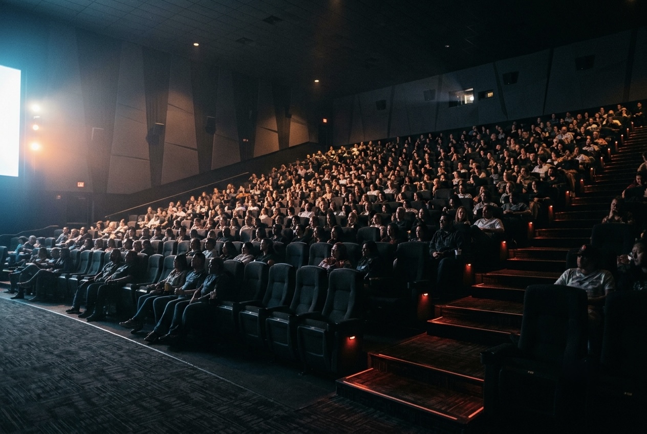A mostly full movie theater auditorium, dim house lights, a bright glow coming from the screen off-frame.