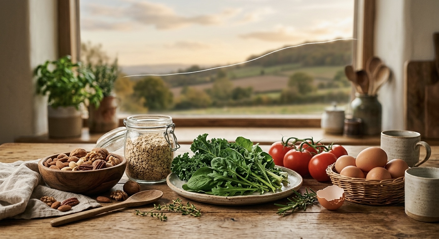 A calm, warmly lit arrangement of fresh whole foods, leafy greens, tomatoes, oats, nuts, and eggs, on a wooden surface, with a simple line rising gently like a hill in the background.