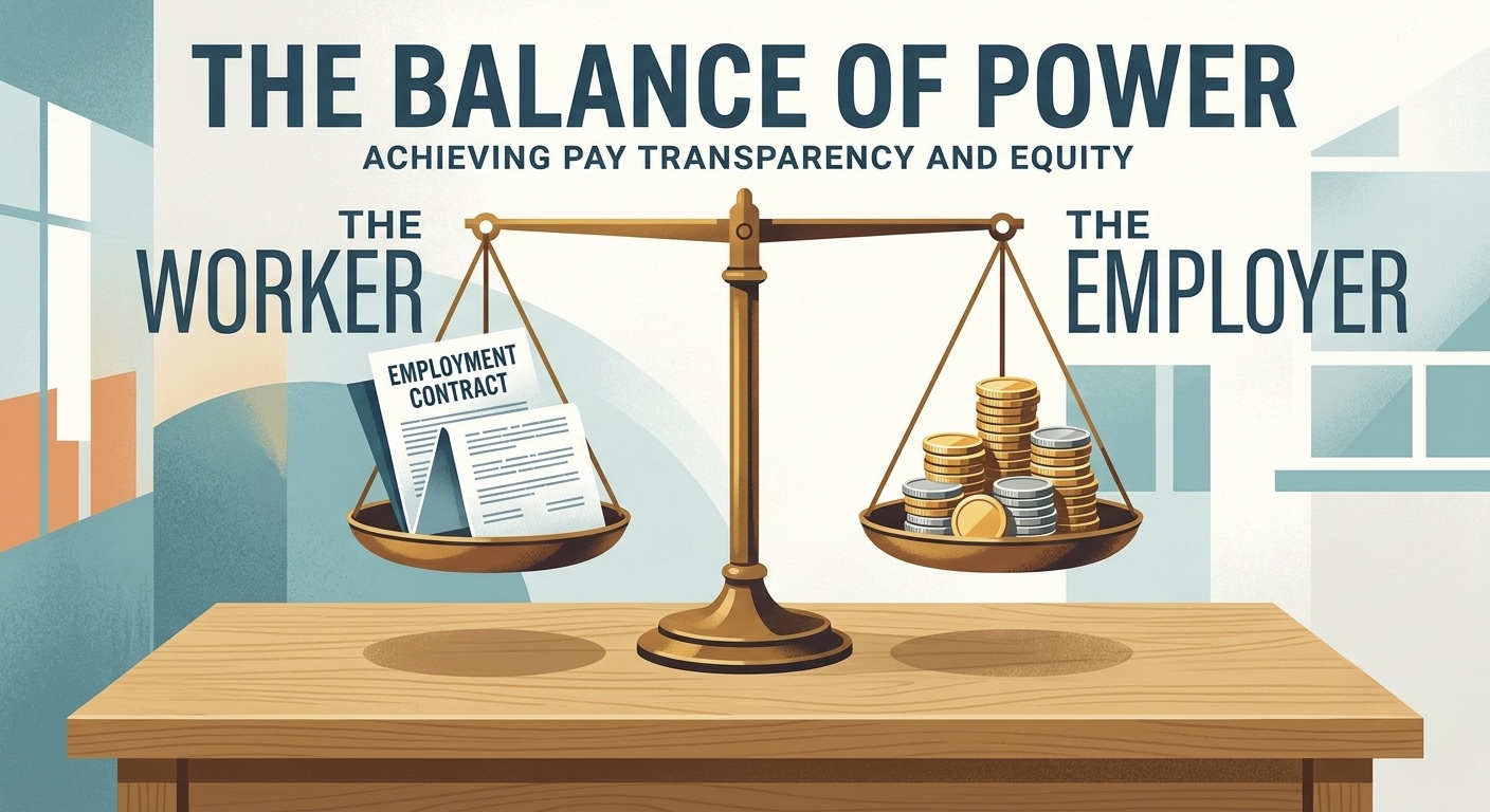 An editorial illustration of a balanced scale, with a folded employment contract on one side and a stack of coins on the other, sitting on a plain desk to represent pay transparency and the balance of power between worker and employer.
