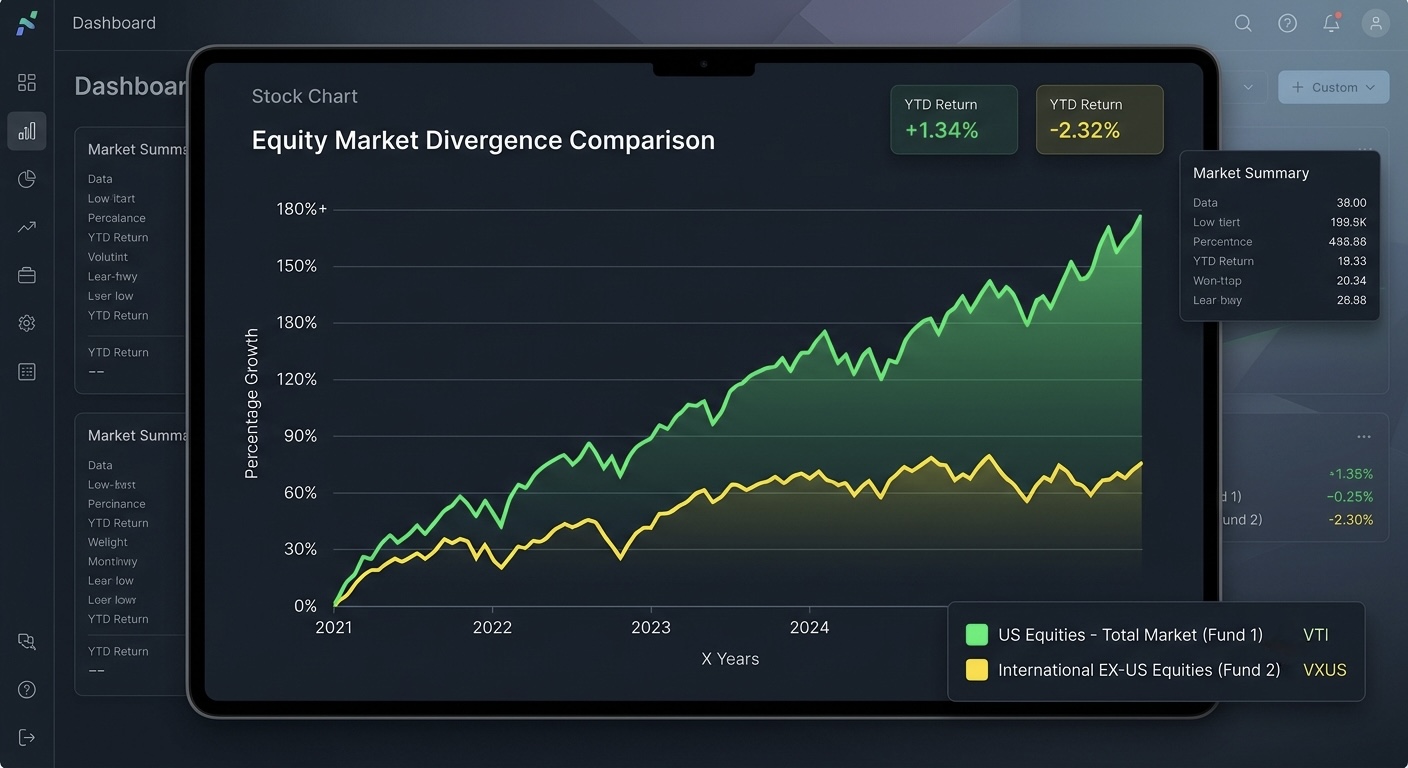 Stock chart with two diverging line graphs, one upward in green, one slower in yellow, financial dashboard aesthetic