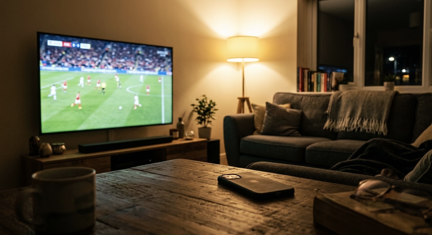 A living room television glowing with a soccer match on screen, a phone left face-down on a side table in soft focus.