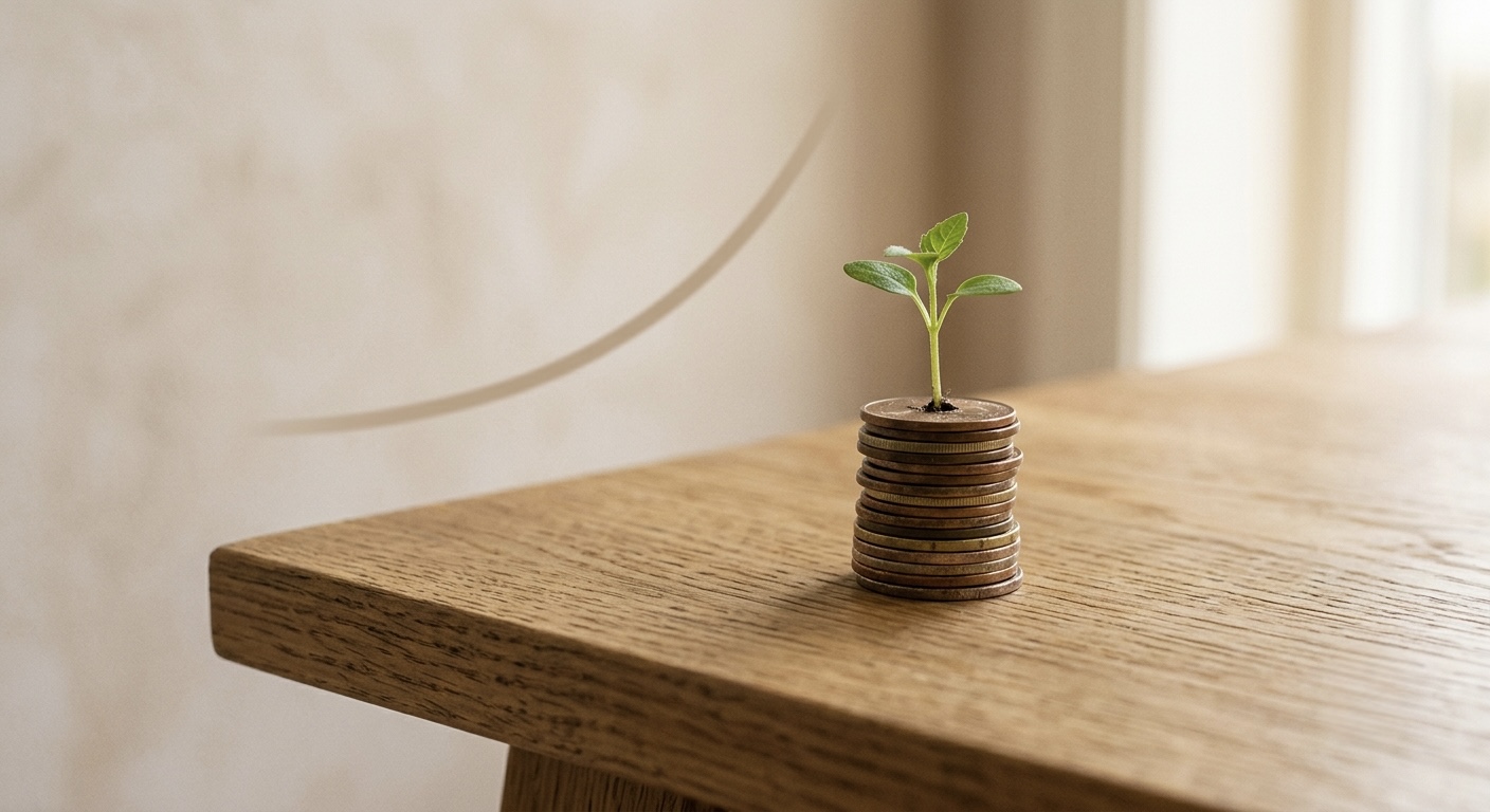 A clean editorial still life of a small green seedling growing from a short stack of plain coins on a tidy desk, with a simple upward line rising softly in the background, warm calm light, no logos or text.