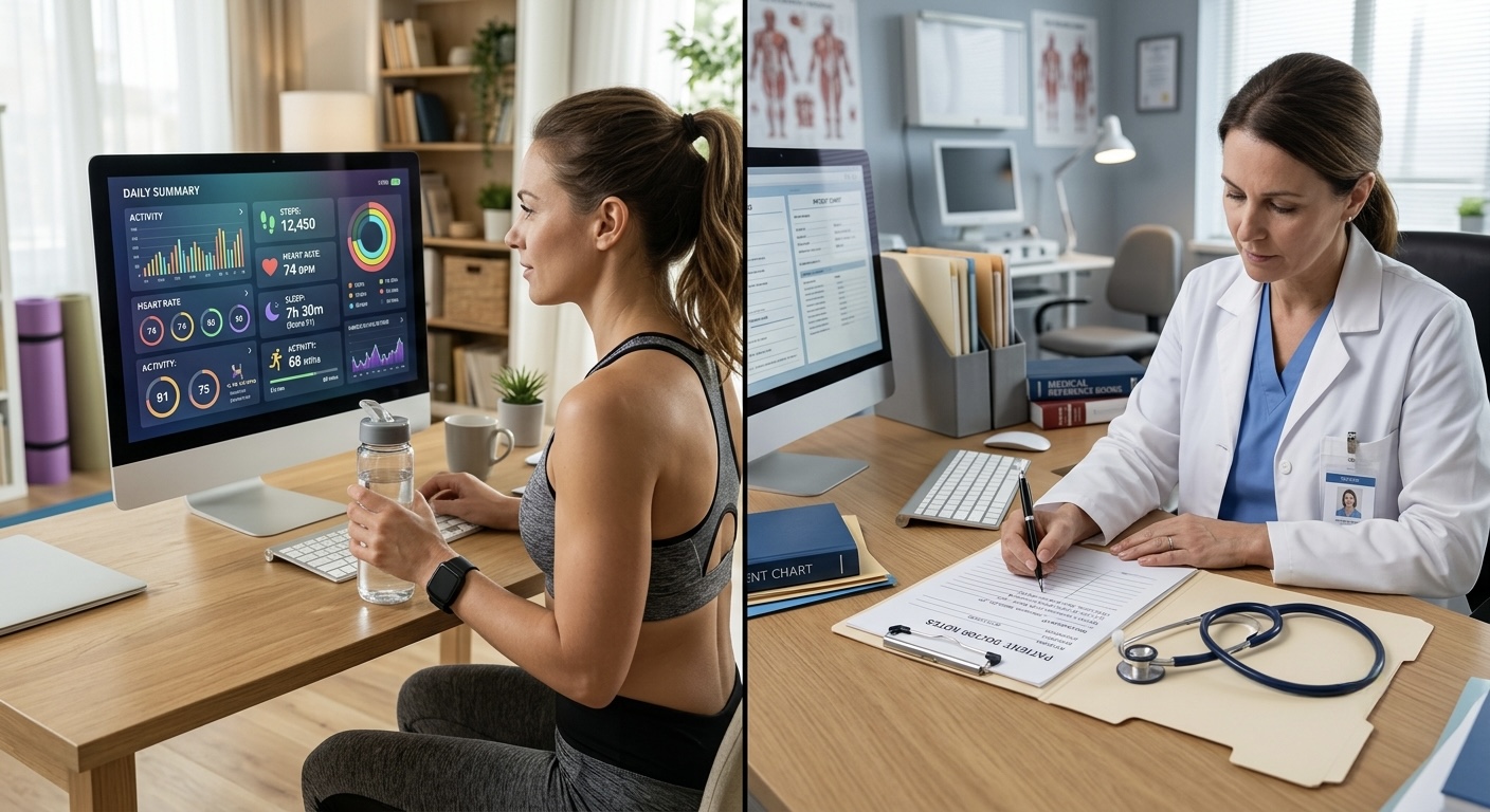 A split concept image: a fitness and wellness dashboard on one side, a clinical medical setting on the other, suggesting two categories of health feature.