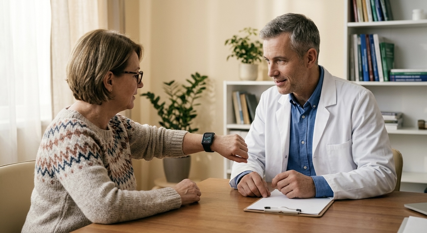 A person showing their smartwatch health trends to a doctor across a desk, both looking at the data together.