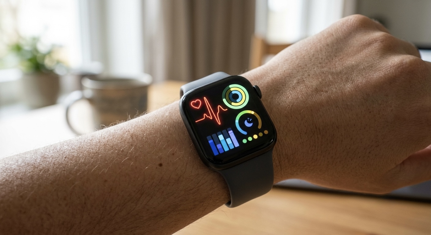 A generic smartwatch on a wrist showing a heart-rate and health-metrics screen in soft morning light.