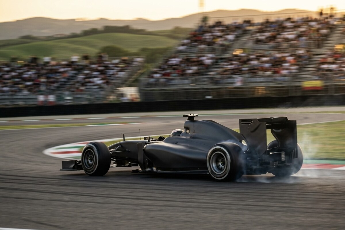 An open-wheel race car mid-corner on an asphalt track at golden hour, motion blur and grandstands in the background.