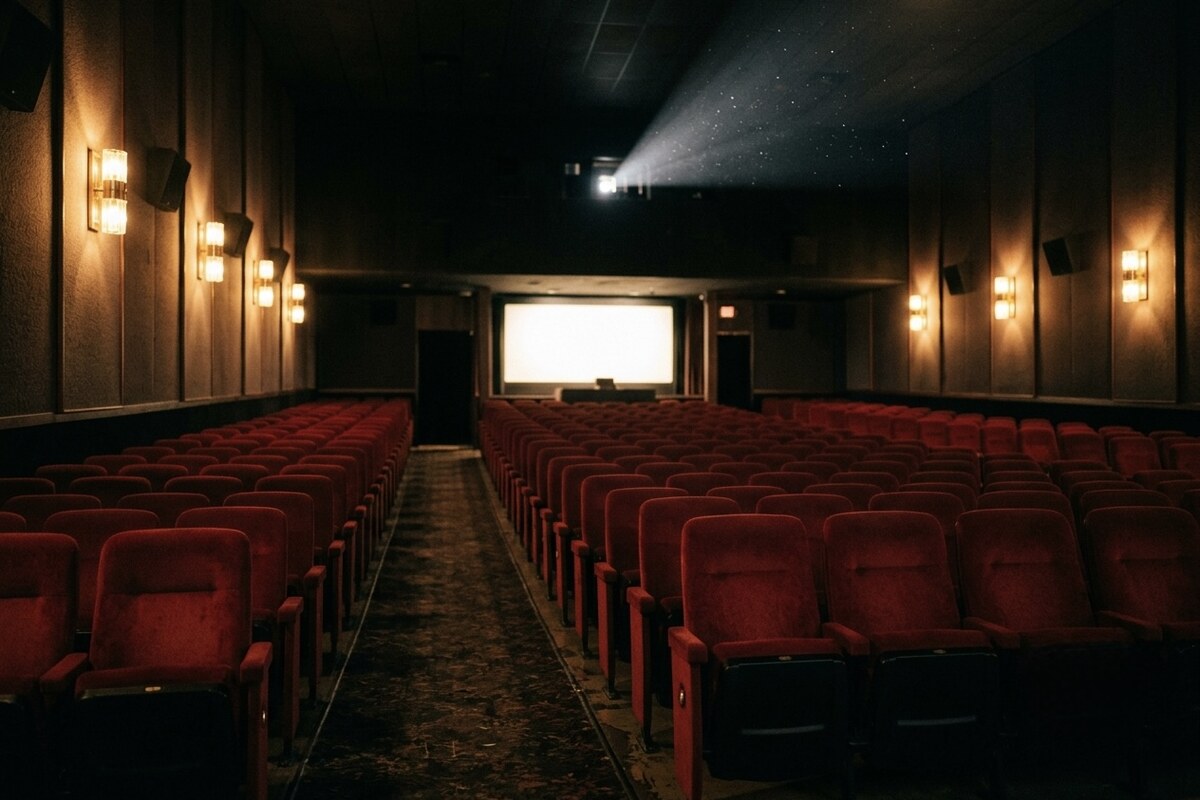 Rows of empty red movie theater seats lit by warm wall sconces, a glowing blank screen ahead.