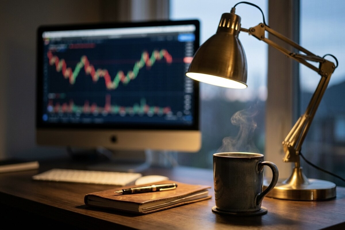 A quiet desk at dusk with a computer screen showing an abstract stock chart, a desk lamp, and a steaming cup of coffee.