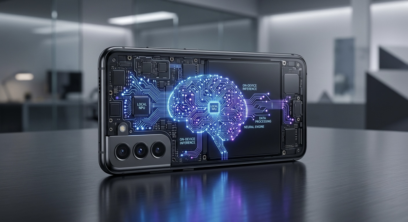 Modern smartphone with glowing neural network circuits visible inside the device, blue and purple traces, local processing visualization