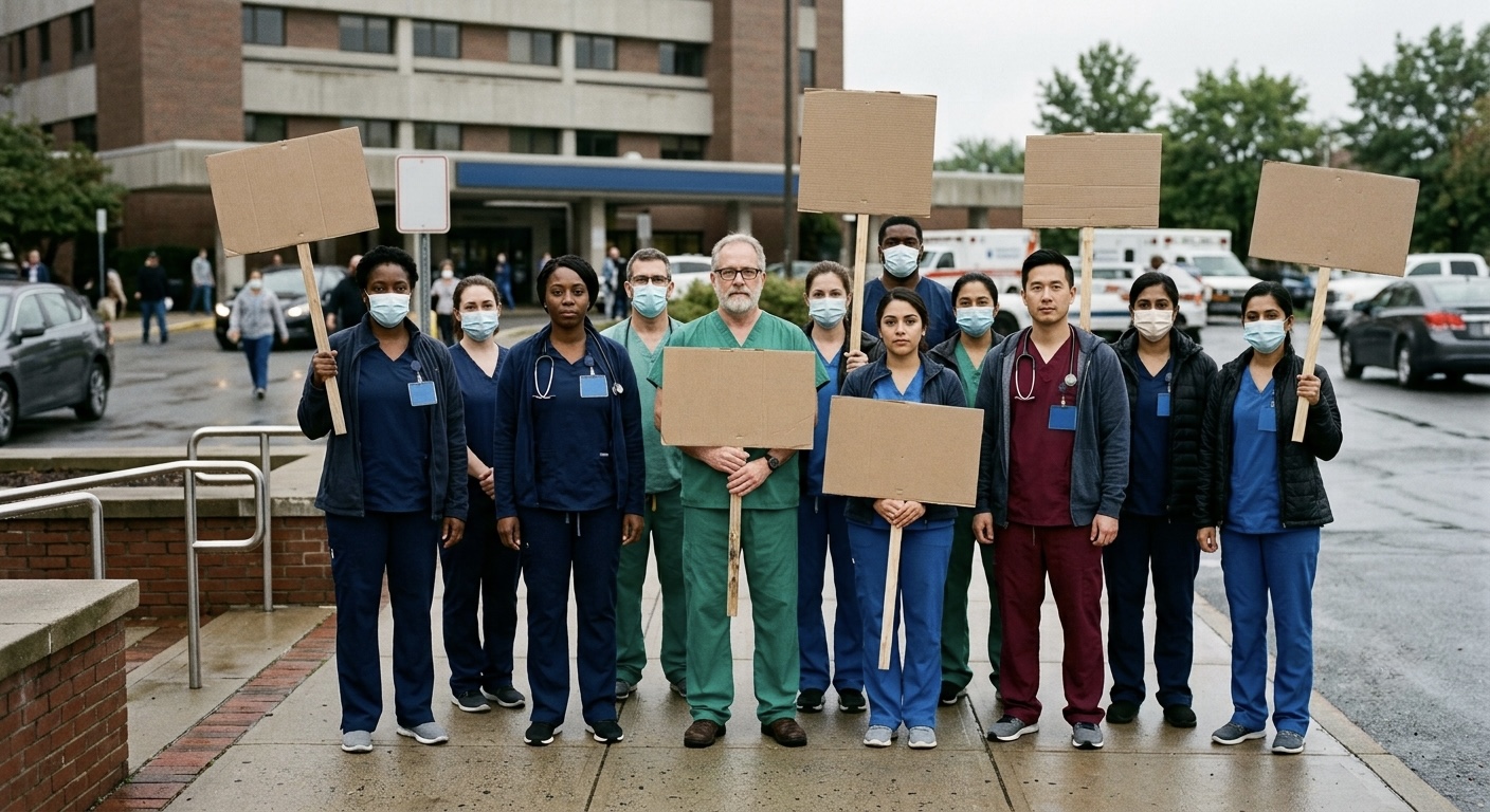 A group of healthcare workers in scrubs standing together outside a hospital holding picket signs.