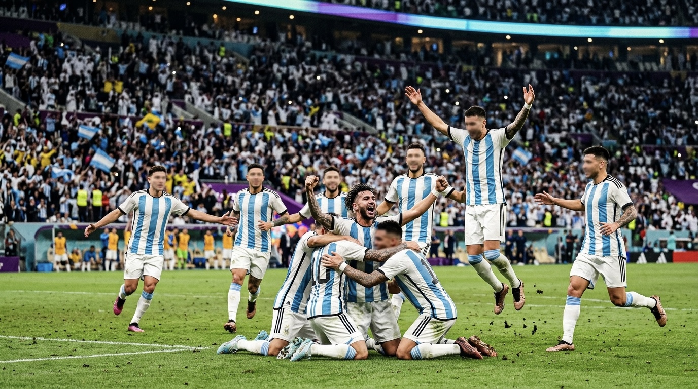 Argentina players celebrating together on the pitch after a dramatic late World Cup semifinal win, stadium lights in the background.
