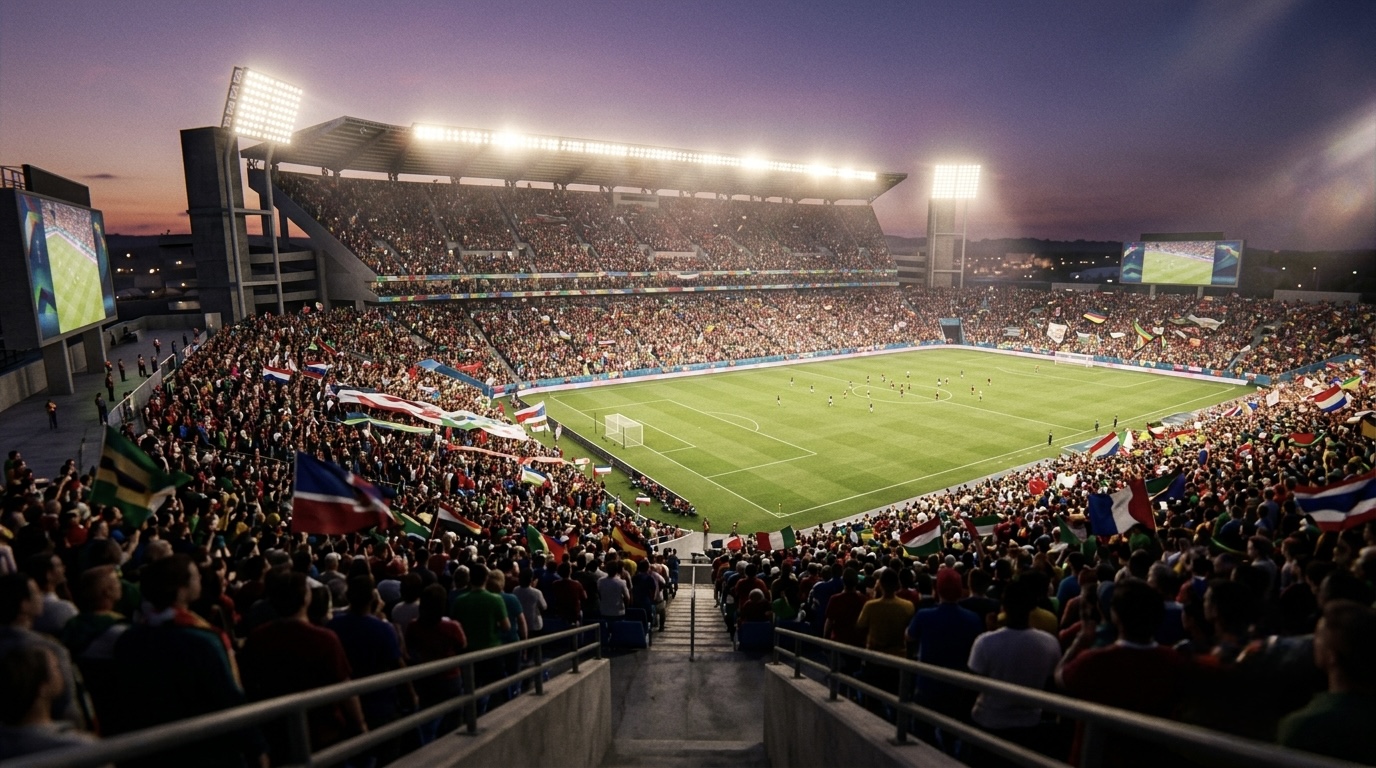 A packed soccer stadium at dusk with bright floodlights, national flags visible in the crowd.
