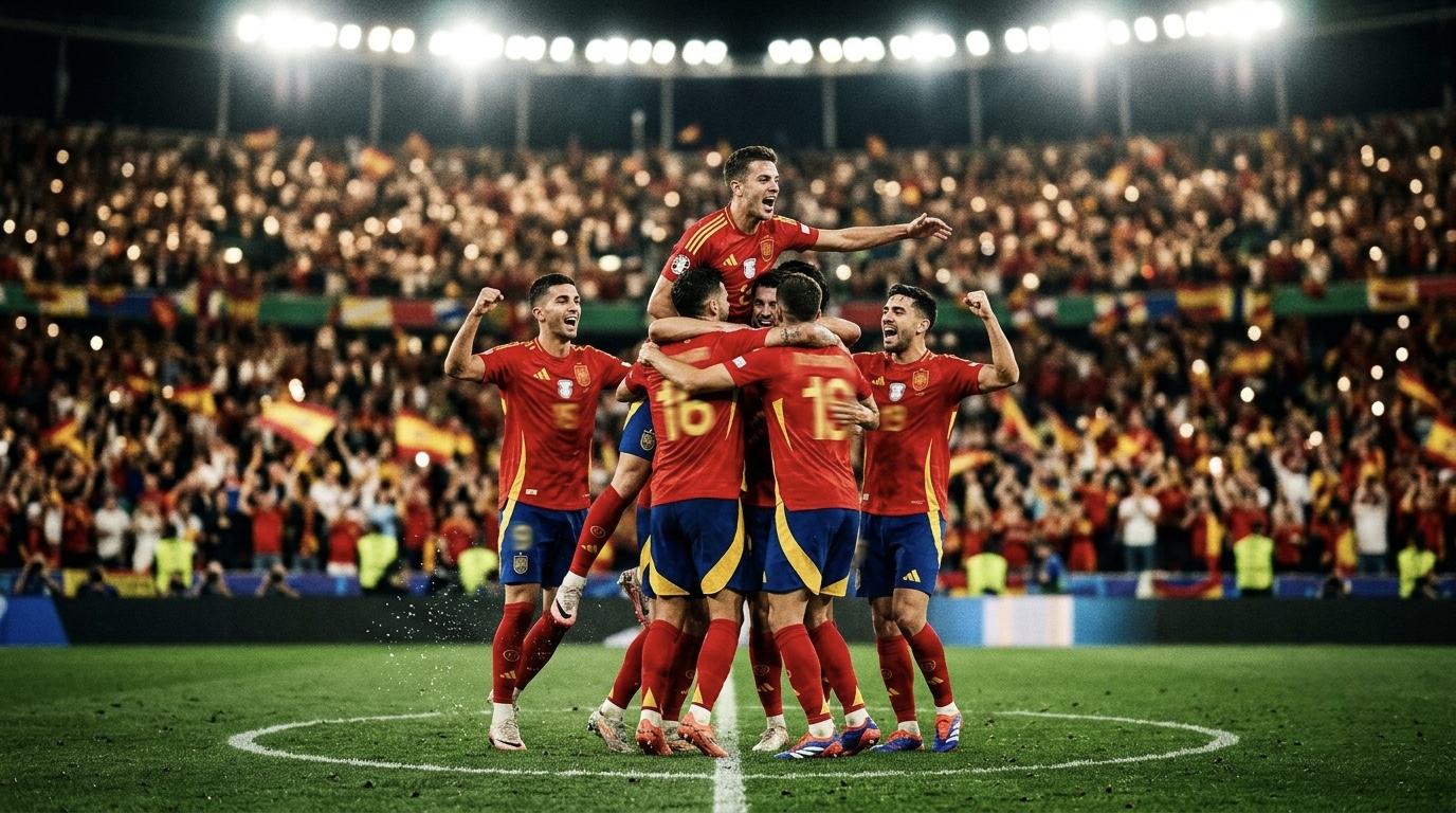 Spain players celebrating together on the pitch after a World Cup semifinal win, stadium lights in the background.