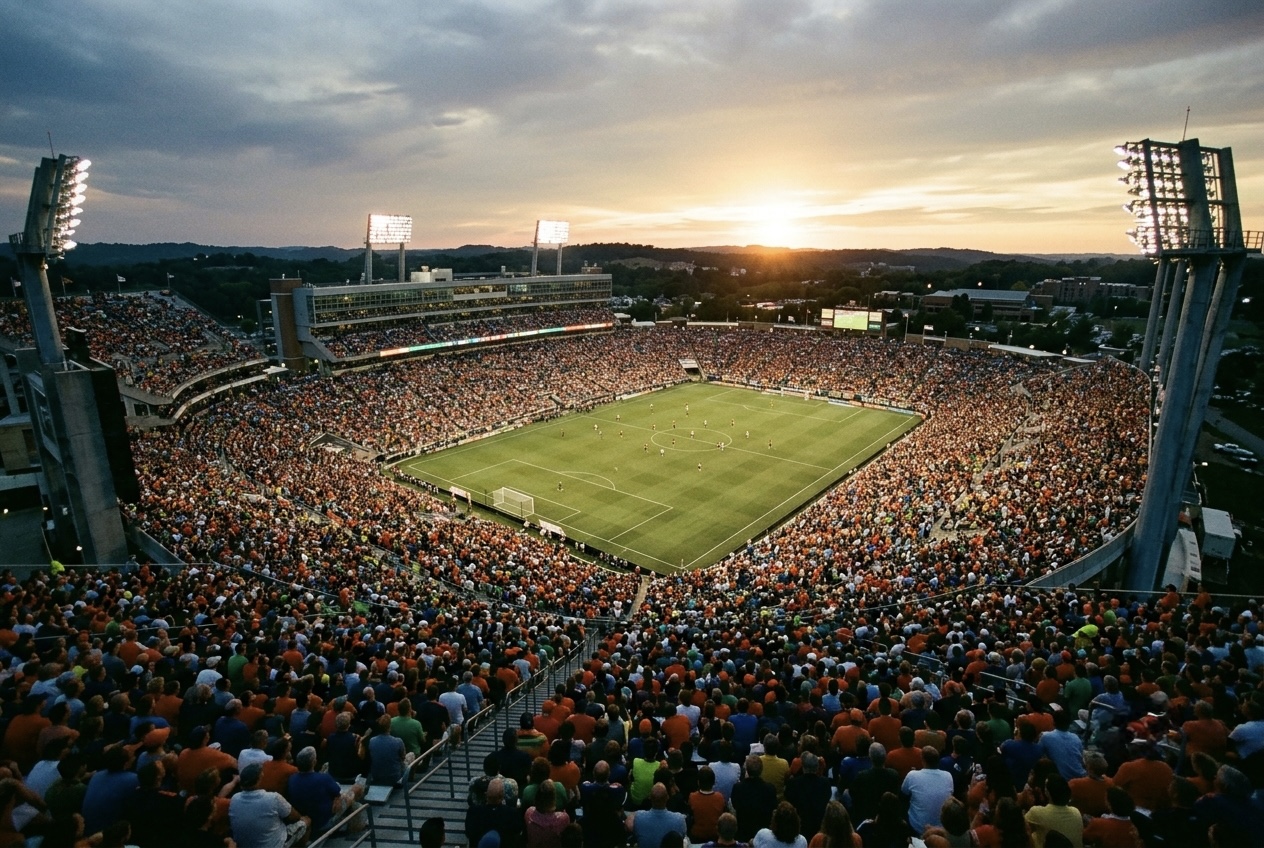 A packed soccer stadium at dusk with bright floodlights, a sea of fans in the stands, wide cinematic angle.