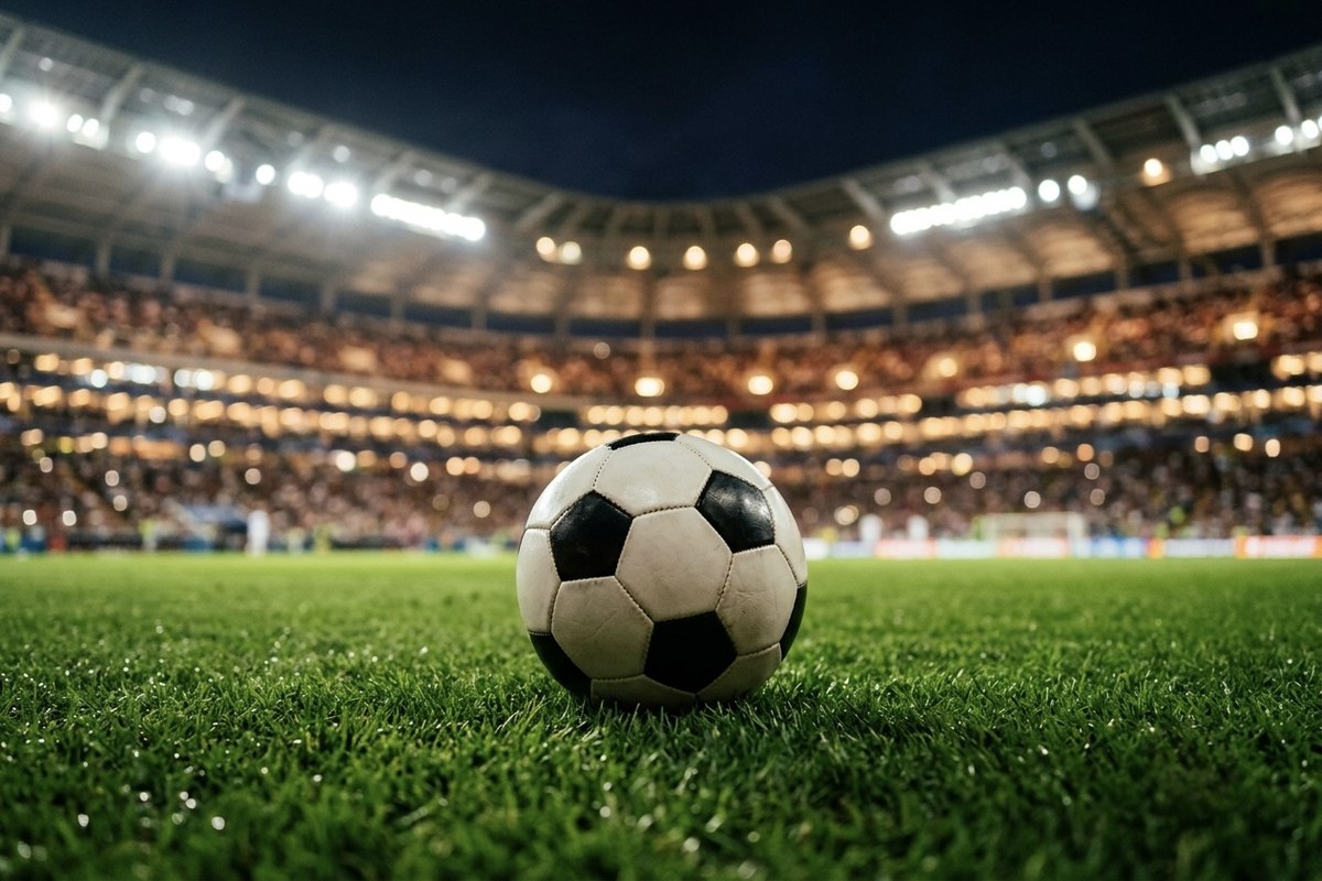 A World Cup soccer ball resting on green turf under bright stadium floodlights at night.