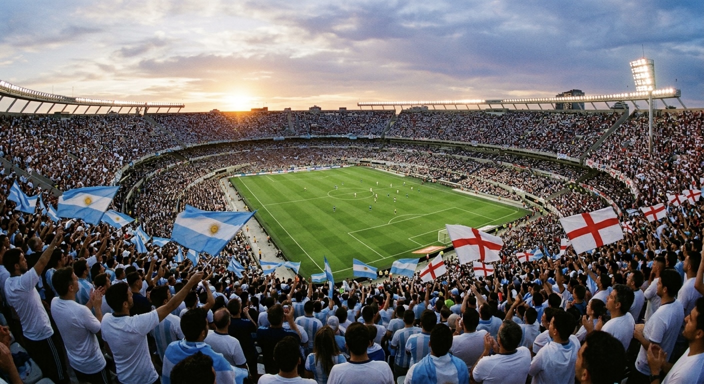 A packed stadium at sunset with fans waving Argentina and England flags.