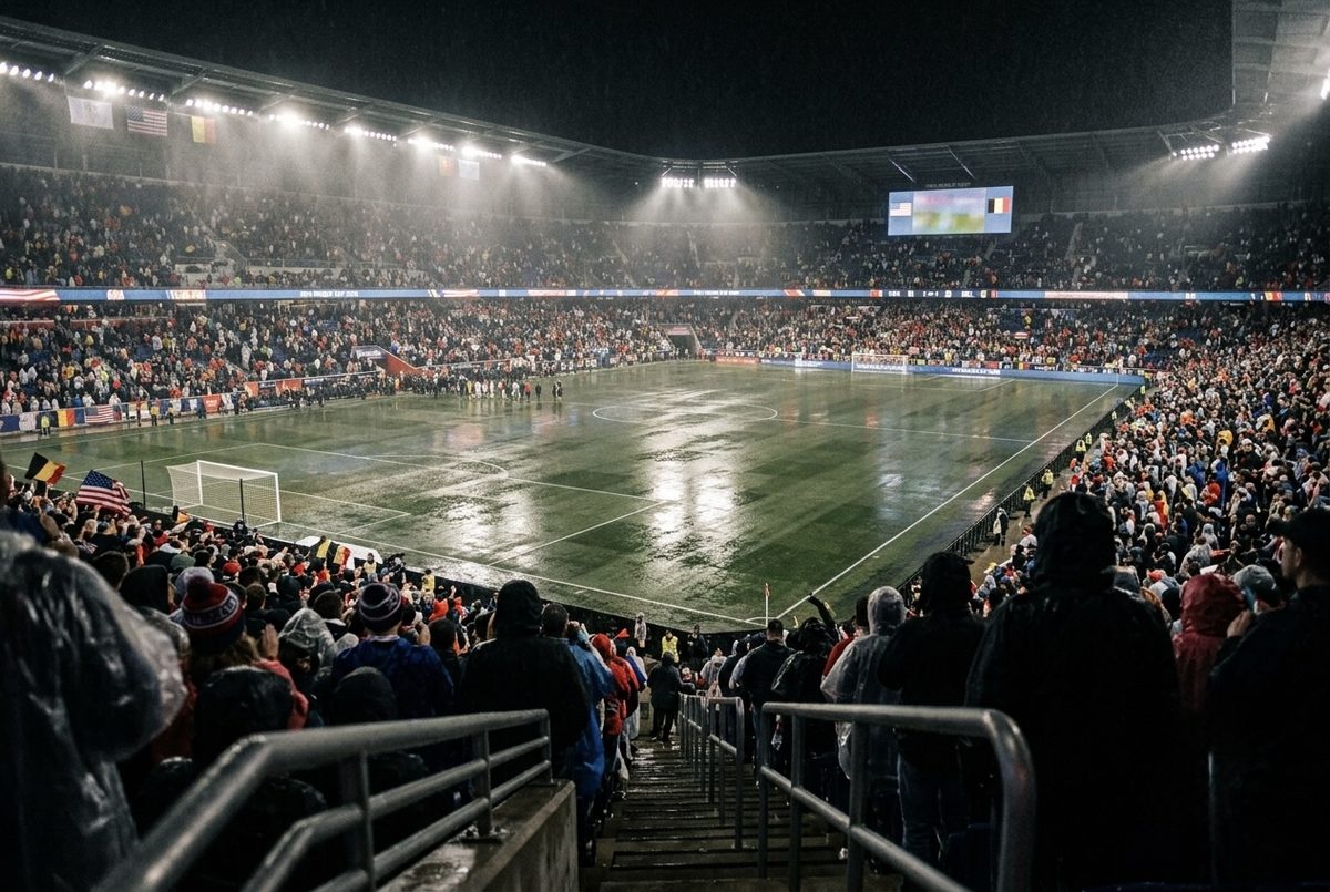 A rain-soaked soccer pitch at night in a packed stadium, seen from the stands.