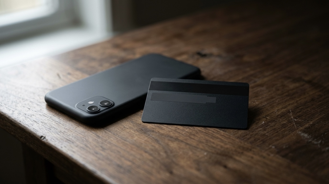 A plain dark debit card lying on a wooden table next to a phone face down, soft window light, no readable text or logos.