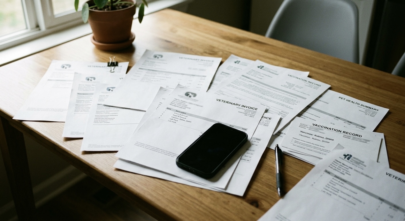 Scattered pet paperwork, vet invoices and vaccine records spread on a kitchen table with a phone on top.