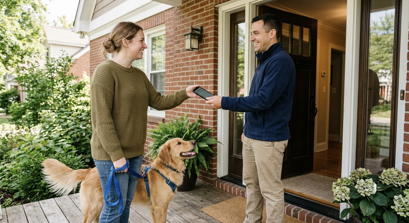 A person handing their phone to a pet sitter at the door, a leashed dog beside them, both smiling.
